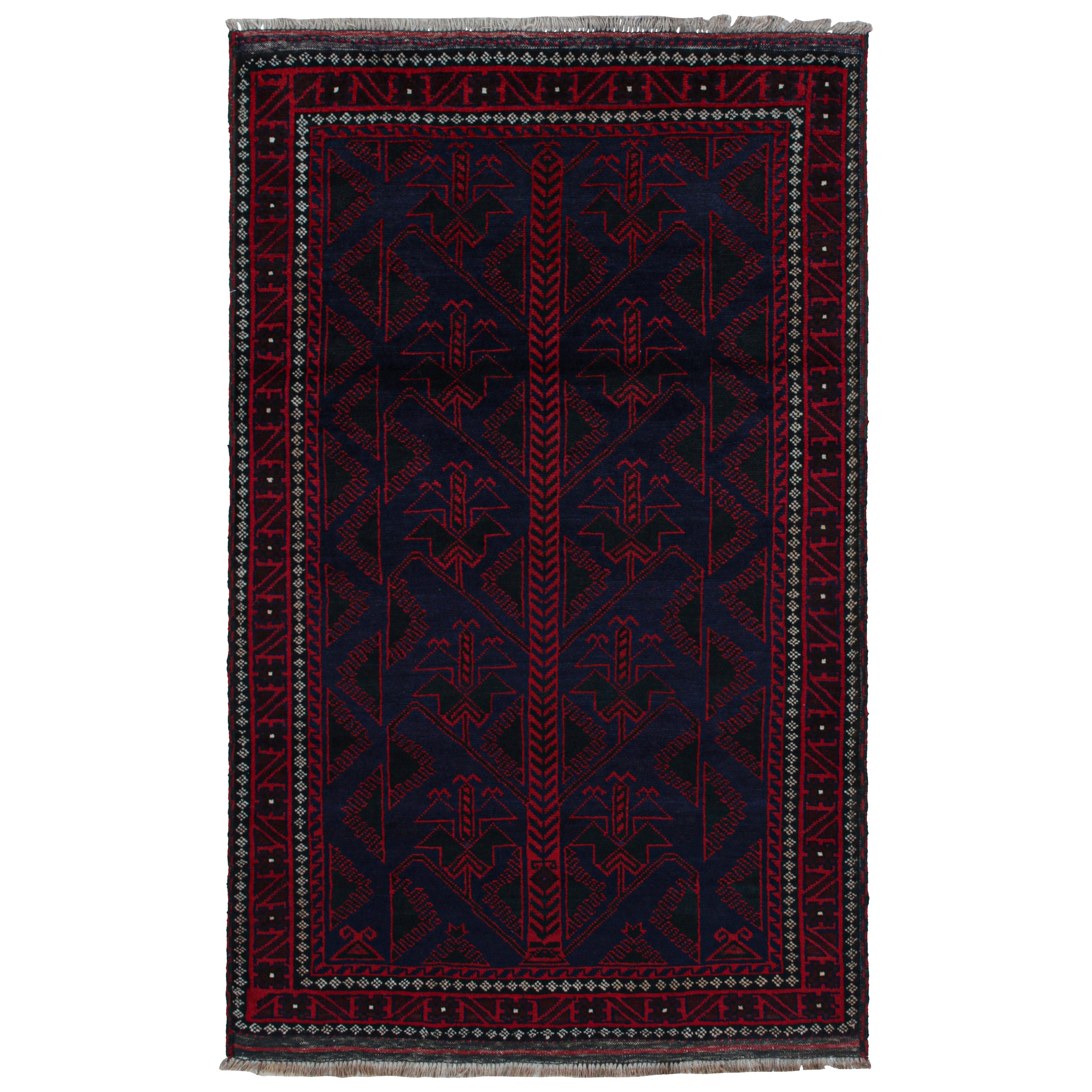 Vintage Baluch Stammes-Teppich in Blau mit roten geometrischen Mustern, von Rug & Kilim