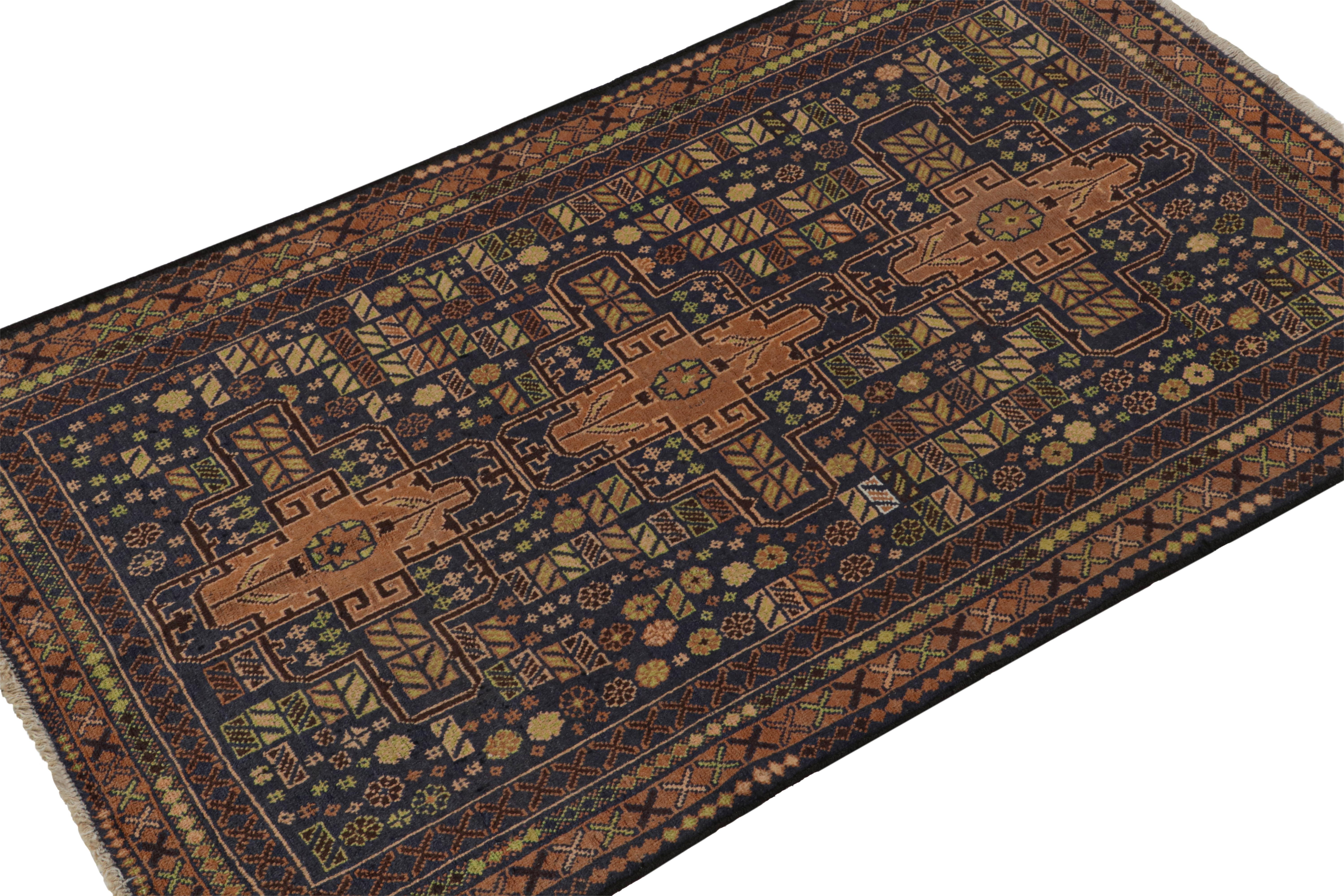 Hand-knotted in wool & goat hair, this vintage tribal rug of the 1950s is a coveted addition to Rug & Kilim’s Antique & Vintage collection. 

On the Design:

Coming from the Baluch tribe, this 4x6 rug boasts traditional patterns in tones of brown &