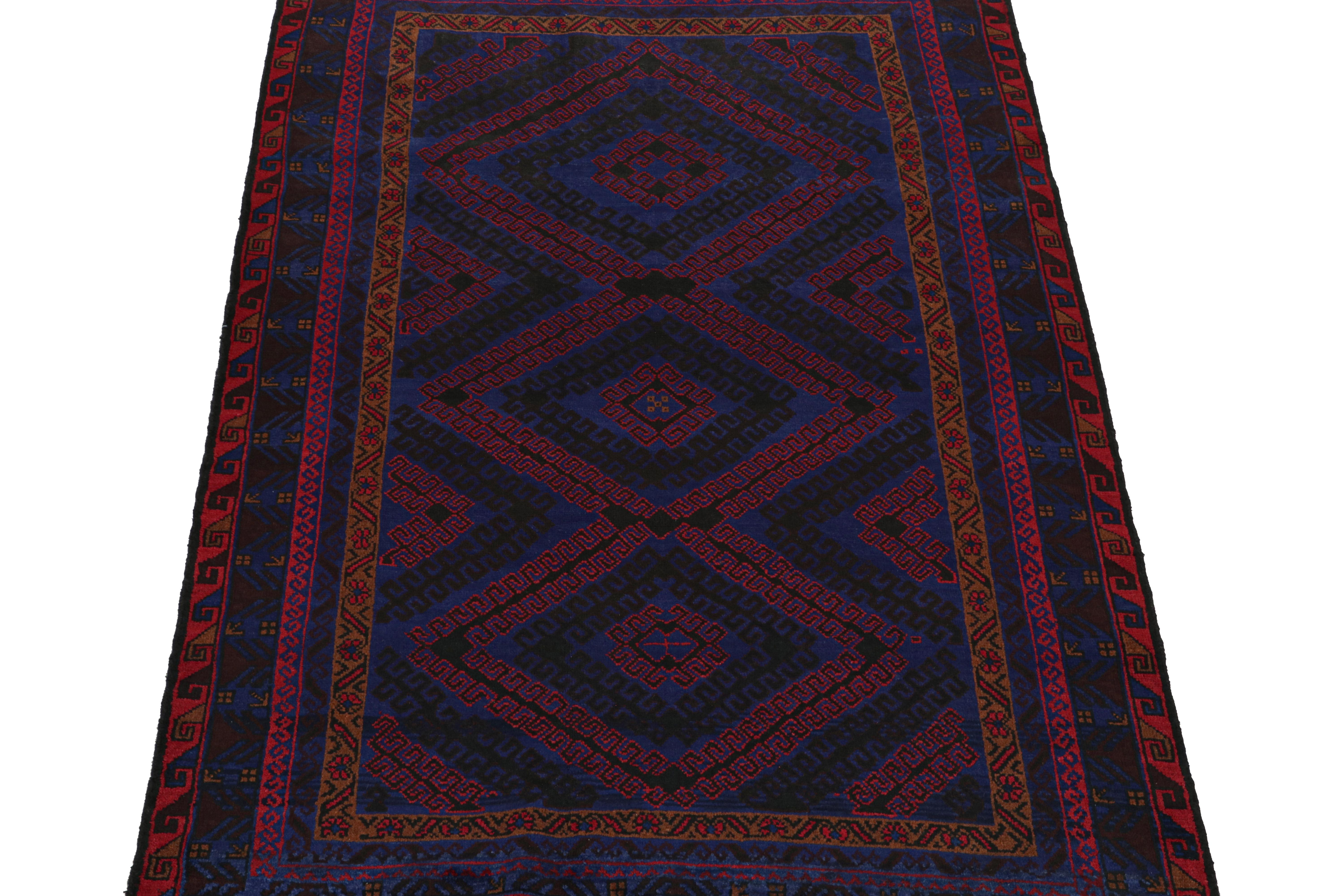 Afghan Vintage Baluch Tribal Rug in Red & Blue Geometric Pattern, from Rug & Kilim For Sale