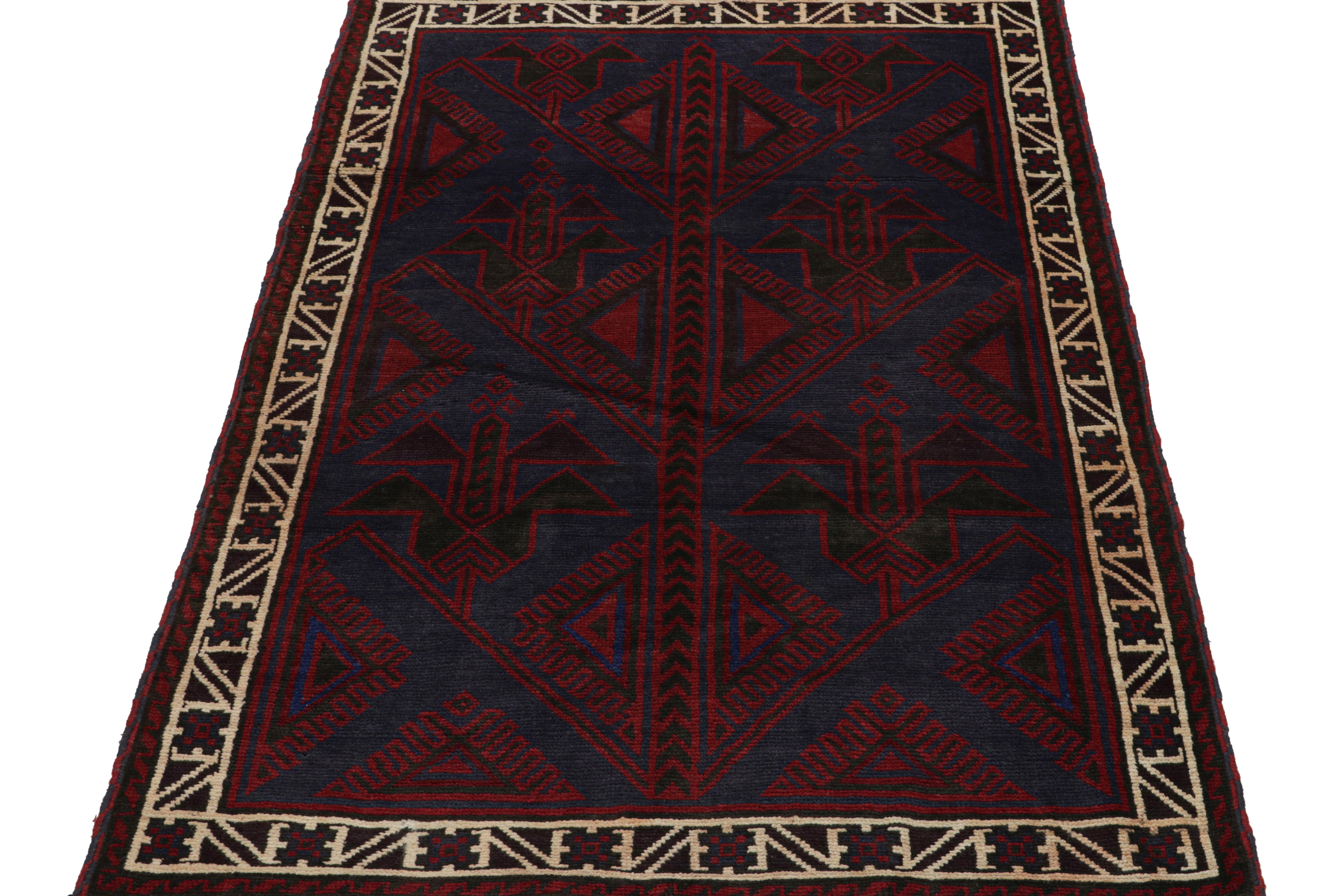Afghan Vintage Baluch Tribal Rug in Red & Blue Geometric Patterns, from Rug & Kilim For Sale