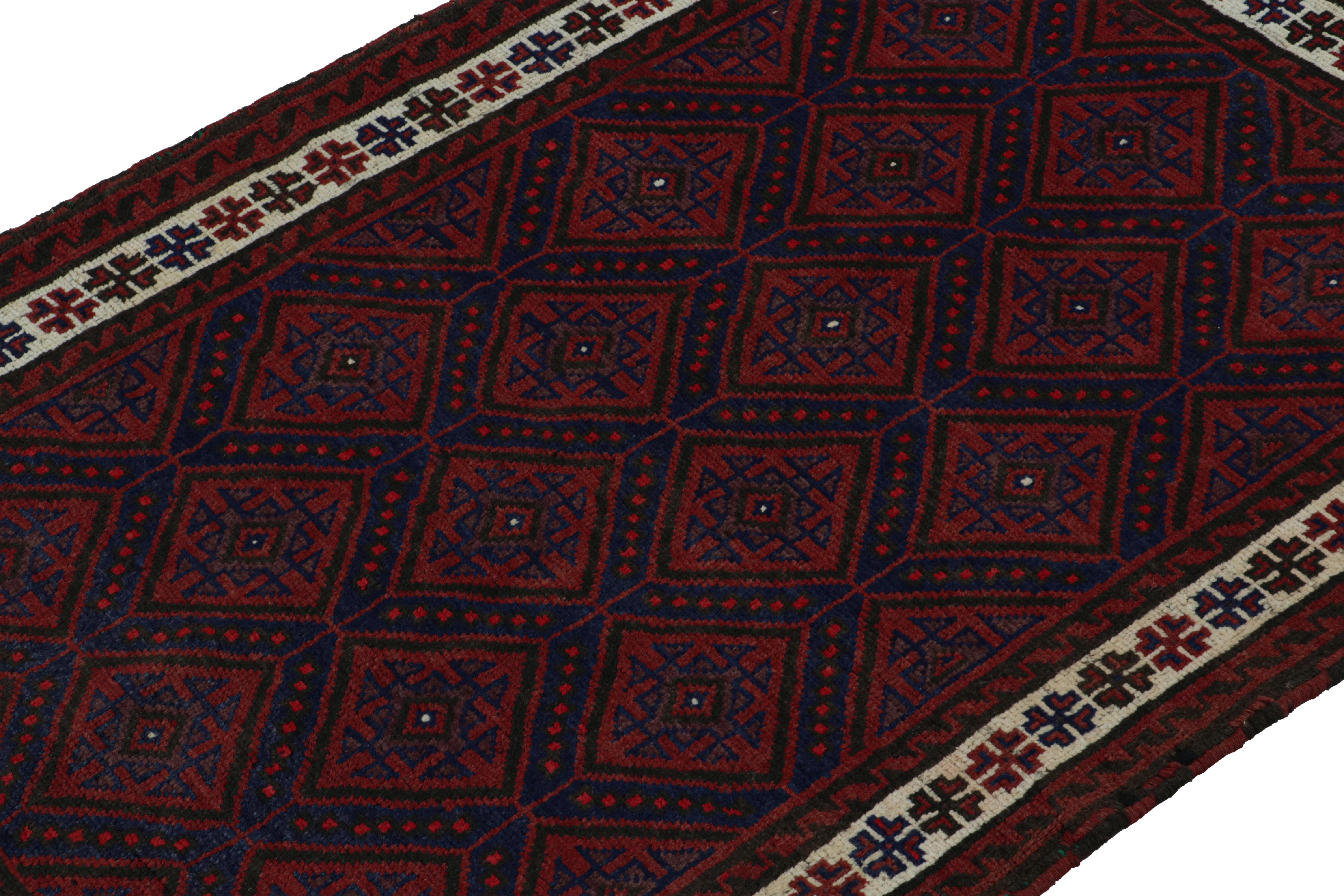 Hand-Knotted Vintage Baluch Tribal Rug in Red & Navy Blue Patterns by Rug & Kilim For Sale