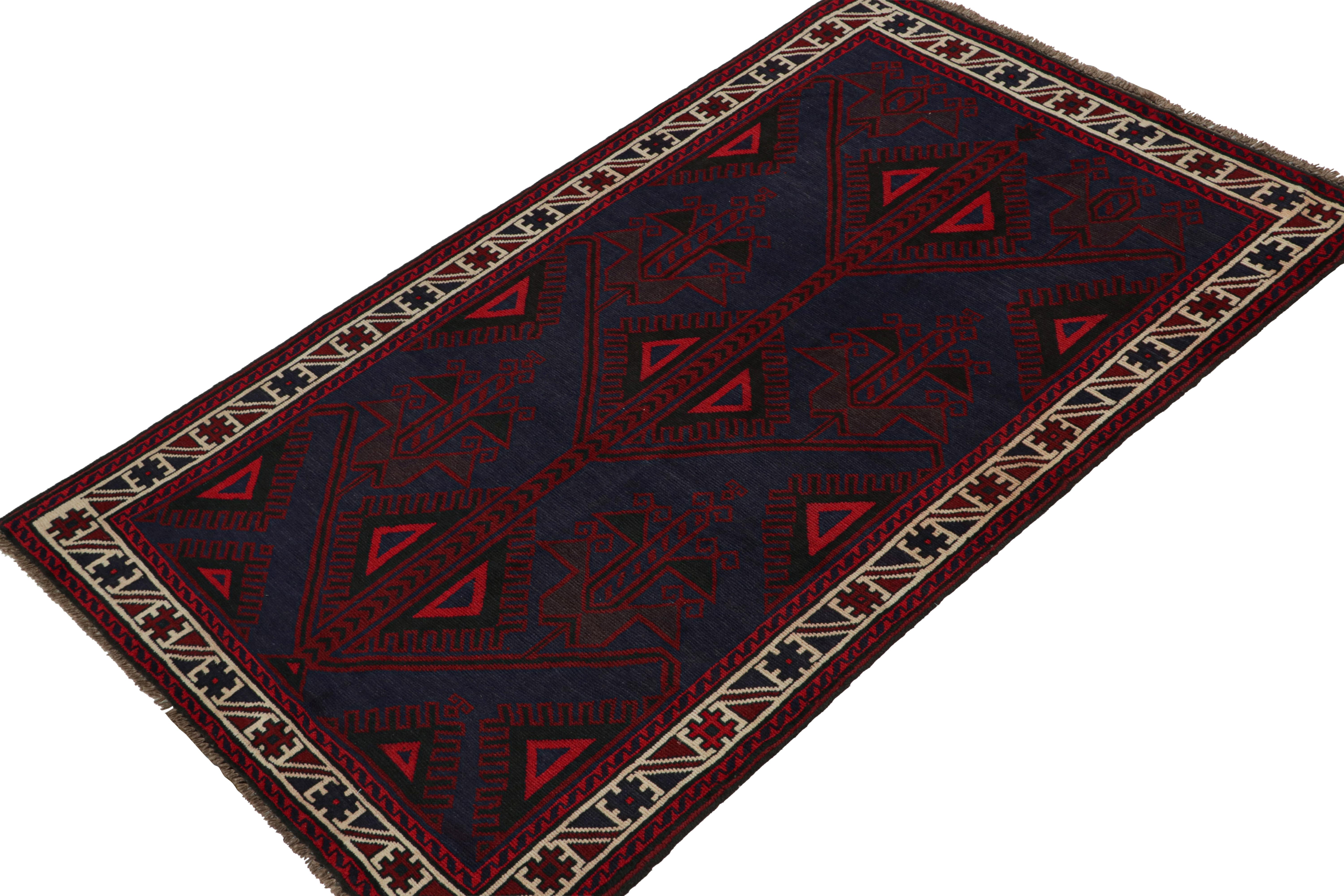 Hand-knotted in wool & goat hair, this vintage tribal rug of the 1950s is a coveted addition to Rug & Kilim’s Antique & Vintage collection. 

On the Design: 

Coming from the Baluch tribe, this 4x7 rug boasts traditional patterns in rich tones of