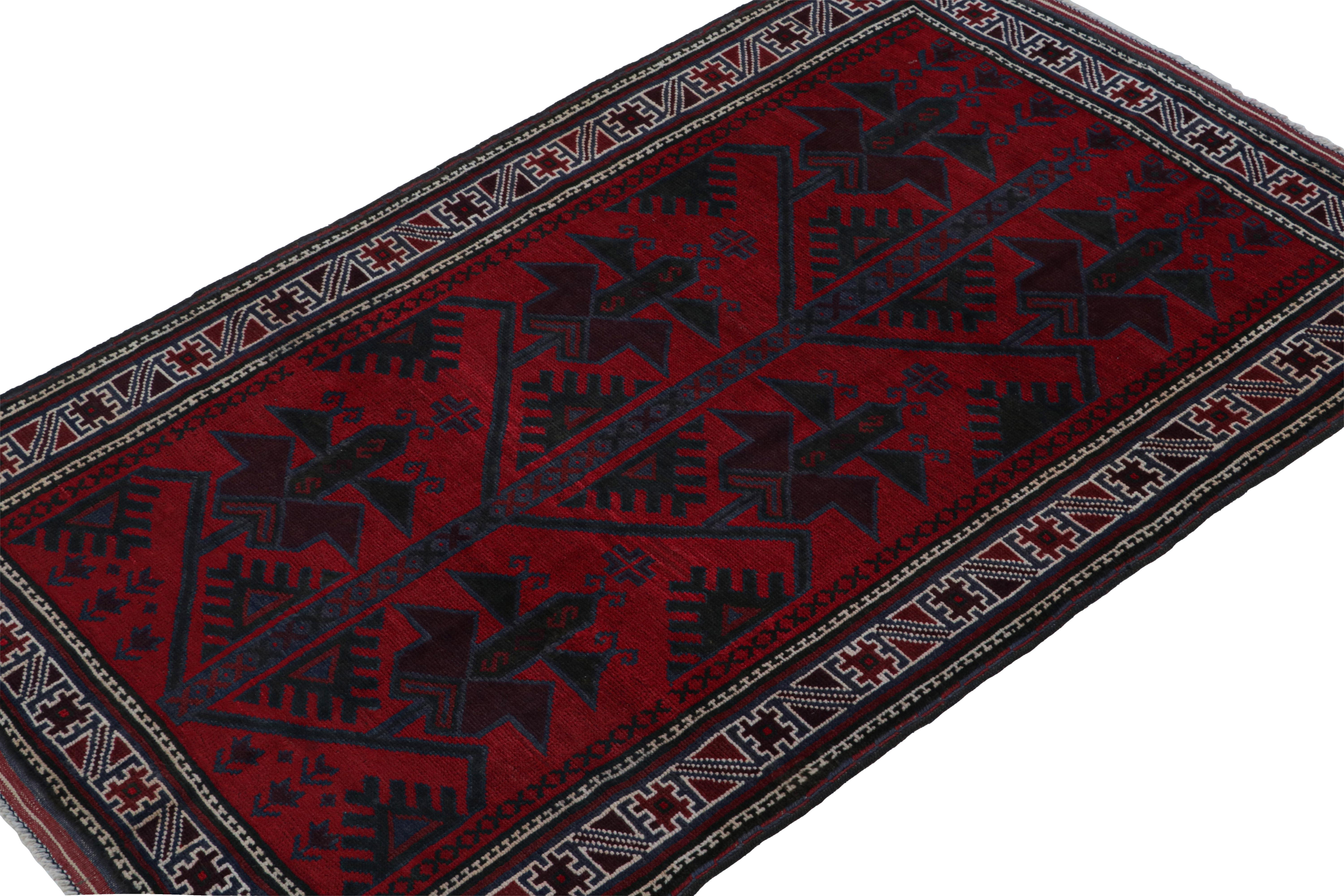 Hand-knotted in wool & goat hair, this vintage tribal rug of the 1950s is a coveted addition to Rug & Kilim’s Antique & Vintage collection. 

On the Design: 

Coming from the Baluch tribe, this 5x7 rug boasts traditional patterns in rich tones of