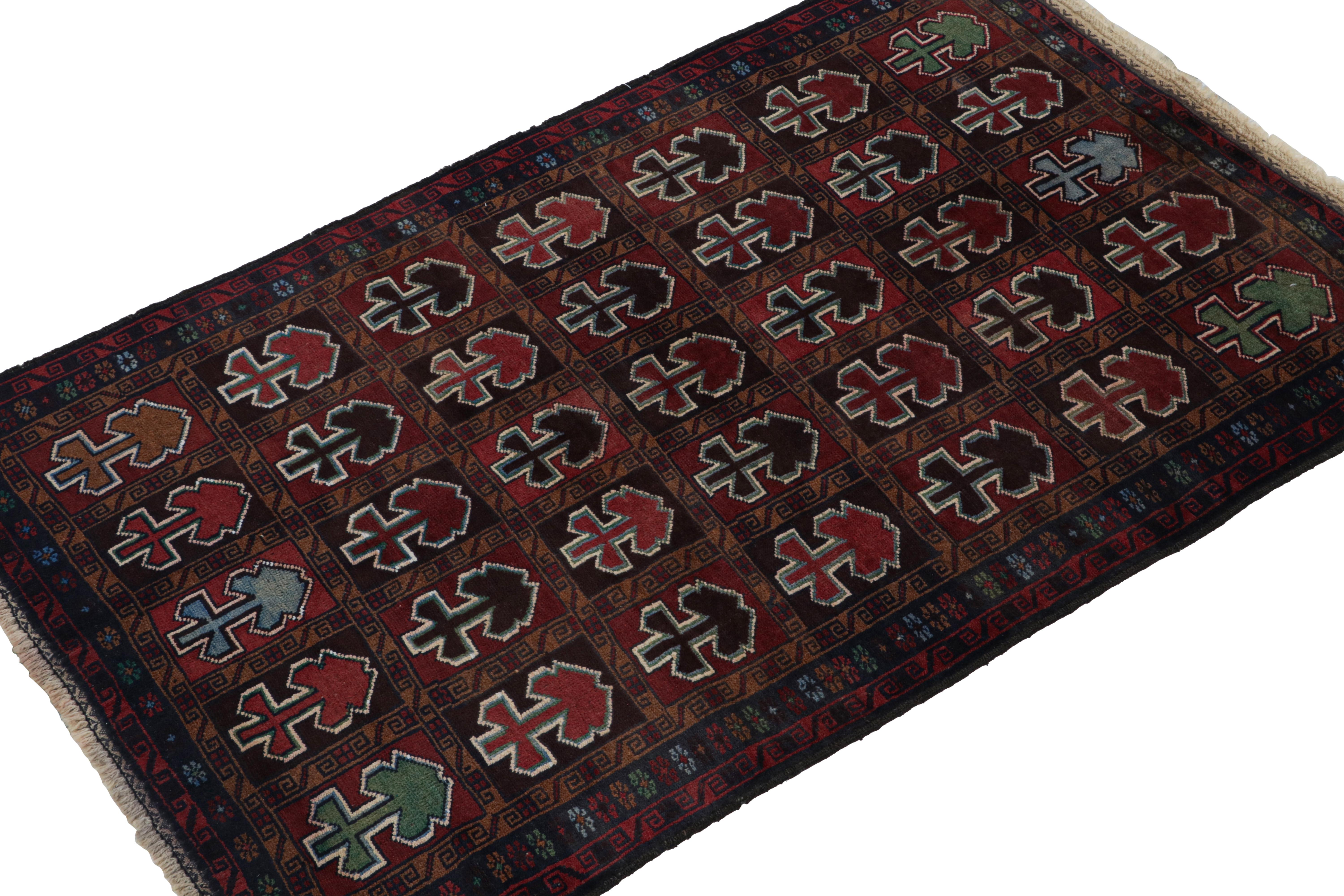 Hand-knotted in wool & goat hair, this vintage tribal rug of the 1950s is a coveted addition to Rug & Kilim’s Antique & Vintage collection. 

On the Design: 

Coming from the Baluch tribe, this 4x6 rug boasts traditional motifs encased in squares -