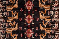 Vintage Baluch Tribal Rug with Peacock Motifs, Black and Red Wool, 1950s