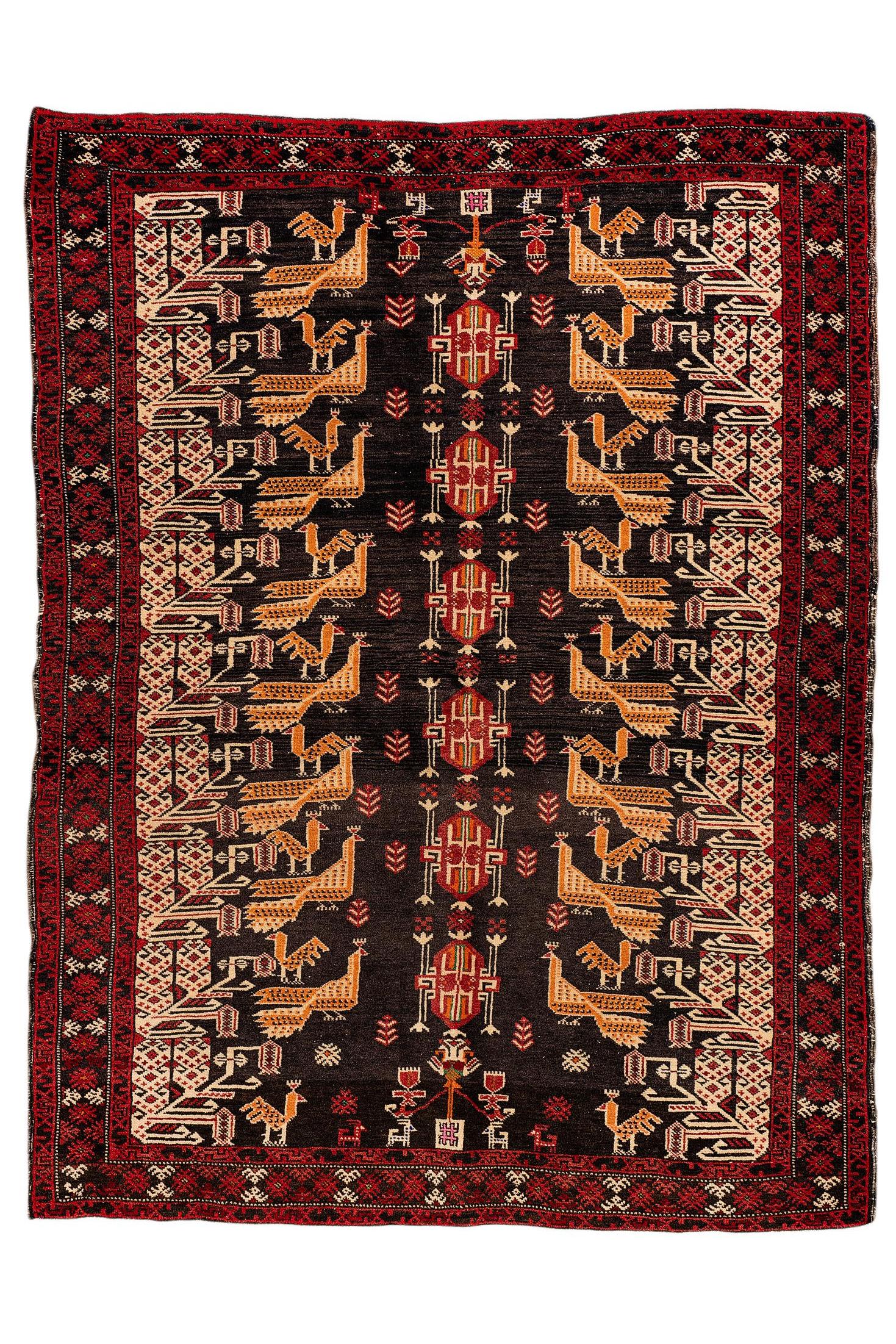 Vintage Baluch Stammesteppich mit Pfauenmotiven, schwarze und rote Wolle, 1950er Jahre (Handgeknüpft) im Angebot