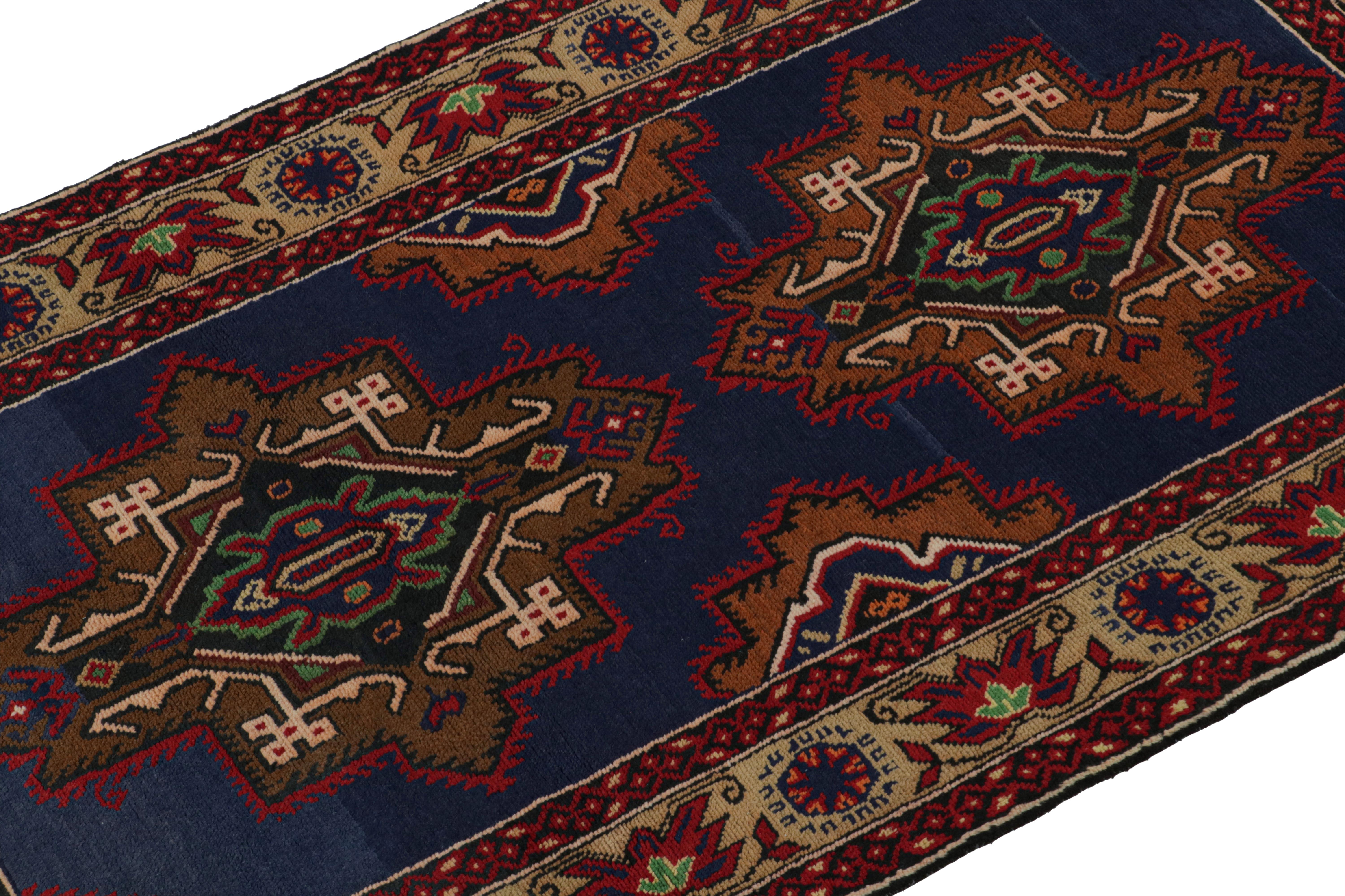 Hand-Knotted Vintage Baluch Tribal Runner in Red, Blue & Brown Patterns by Rug & Kilim For Sale