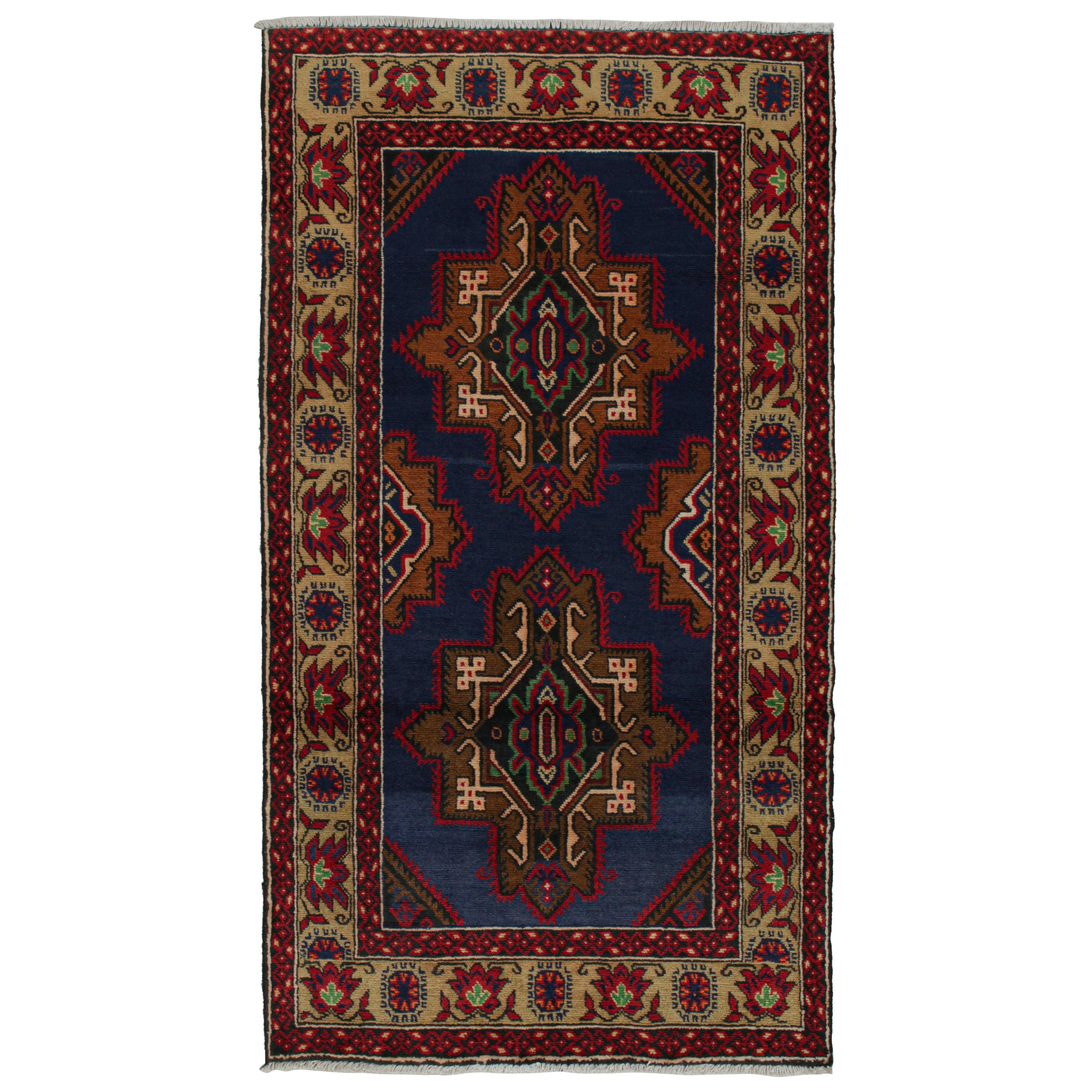 Vintage Baluch Tribal Runner in Red, Blue & Brown Patterns by Rug & Kilim