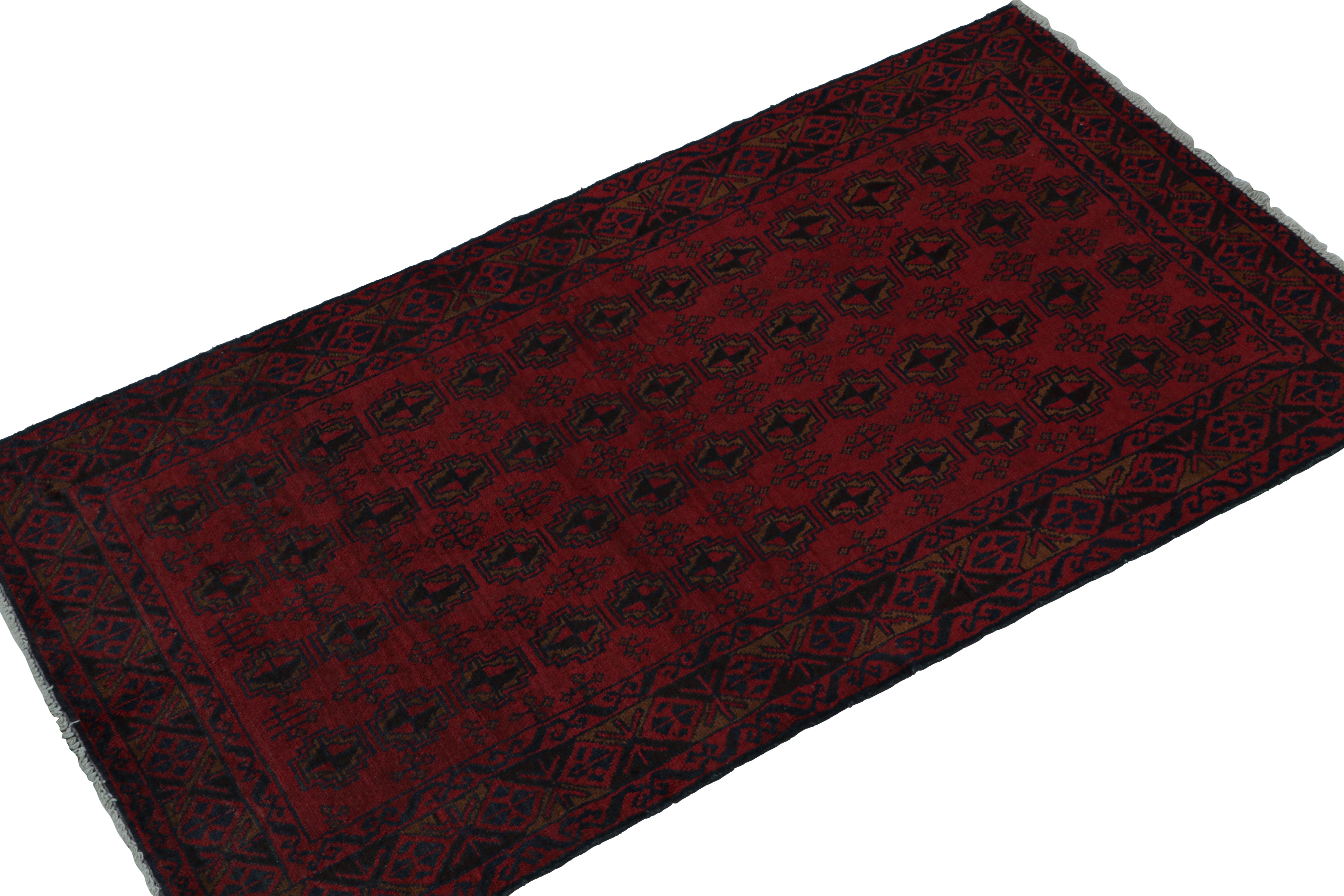 Hand-knotted in wool & goat hair, this vintage tribal runner of the 1950s is a coveted addition to Rug & Kilim’s Antique & Vintage collection. 

On the Design: 

Coming from the Baluch tribe, this 3x6 runner boasts traditional patterns in rich red &