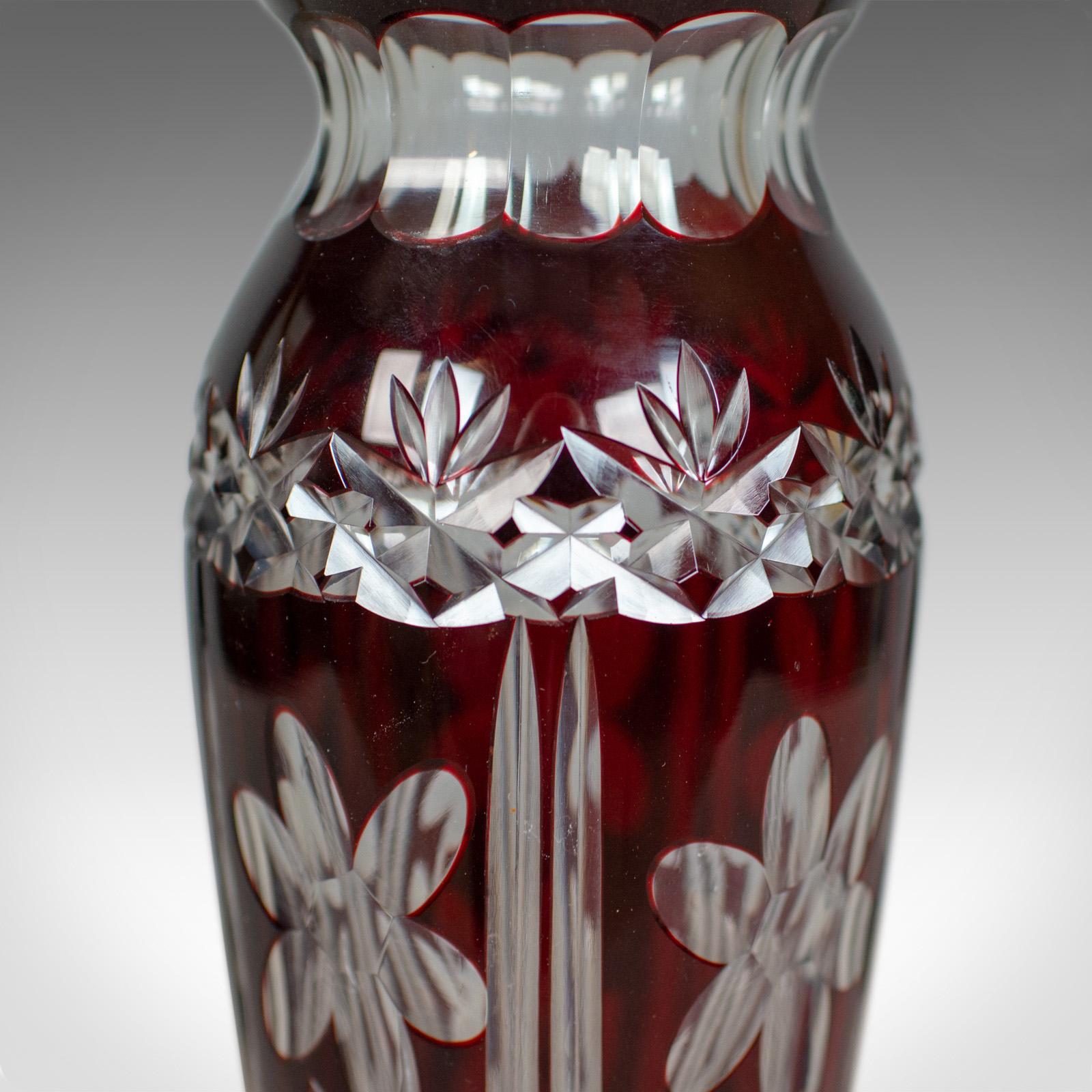 English Vintage Baluster Glass Vase, Claret, Cut, Art Deco Taste, Mid-20th Century