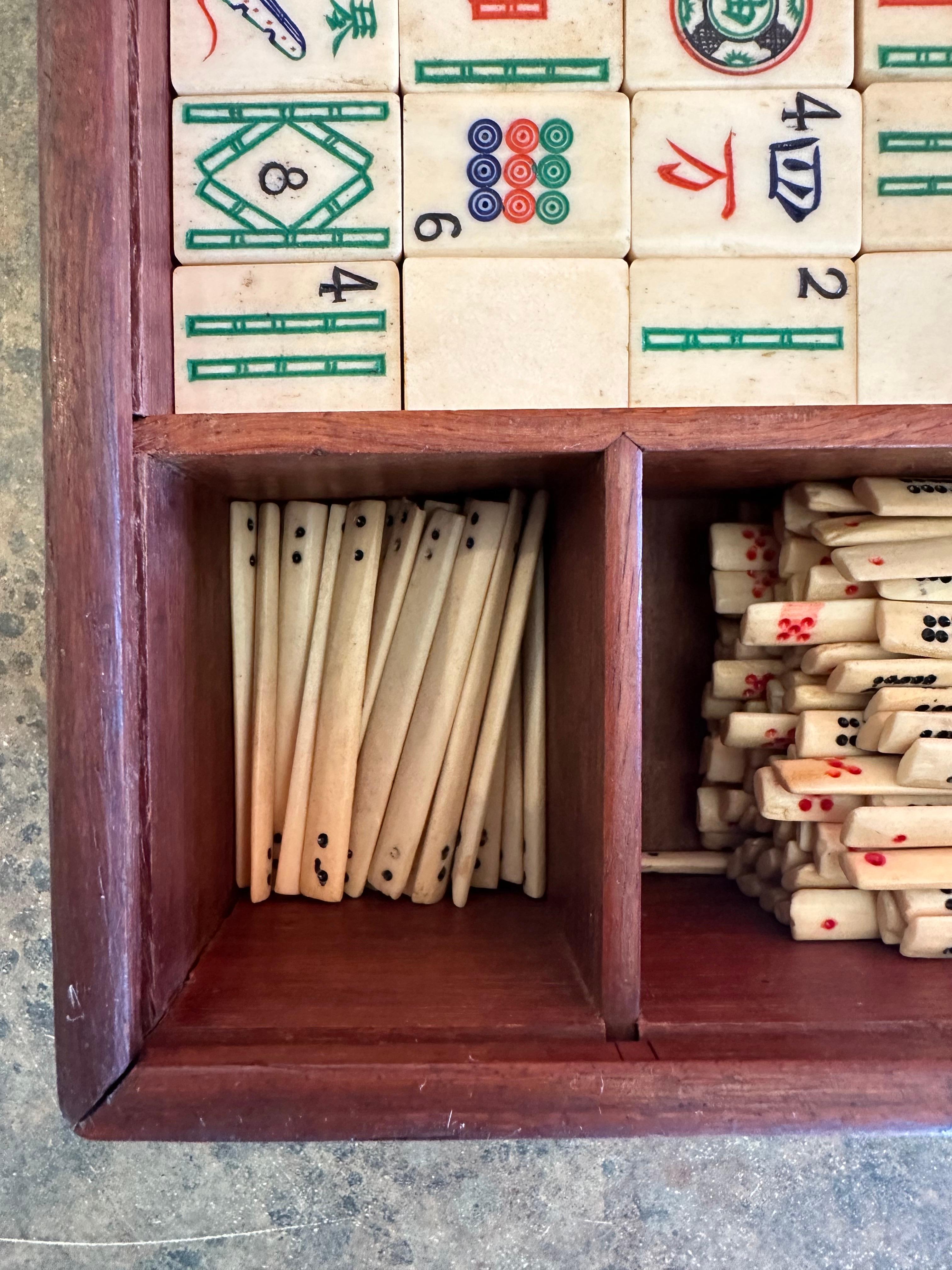 20th Century Vintage Bamboo and Bone Chinese Mah Jong Set with Betting Sticks in Wood Box