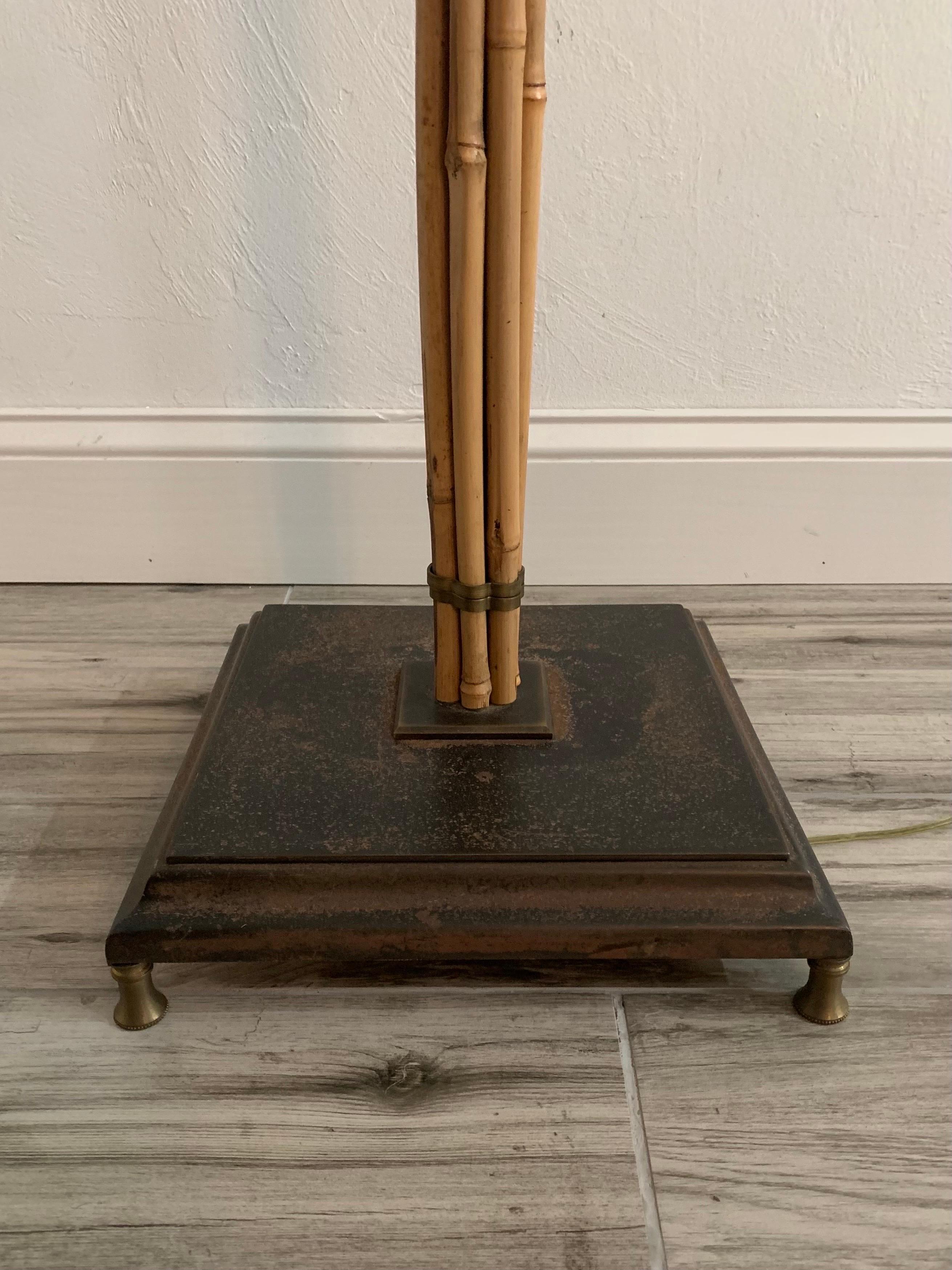 Hollywood Regency Vintage Bamboo and Brass Floor Lamp with Wicker Shade