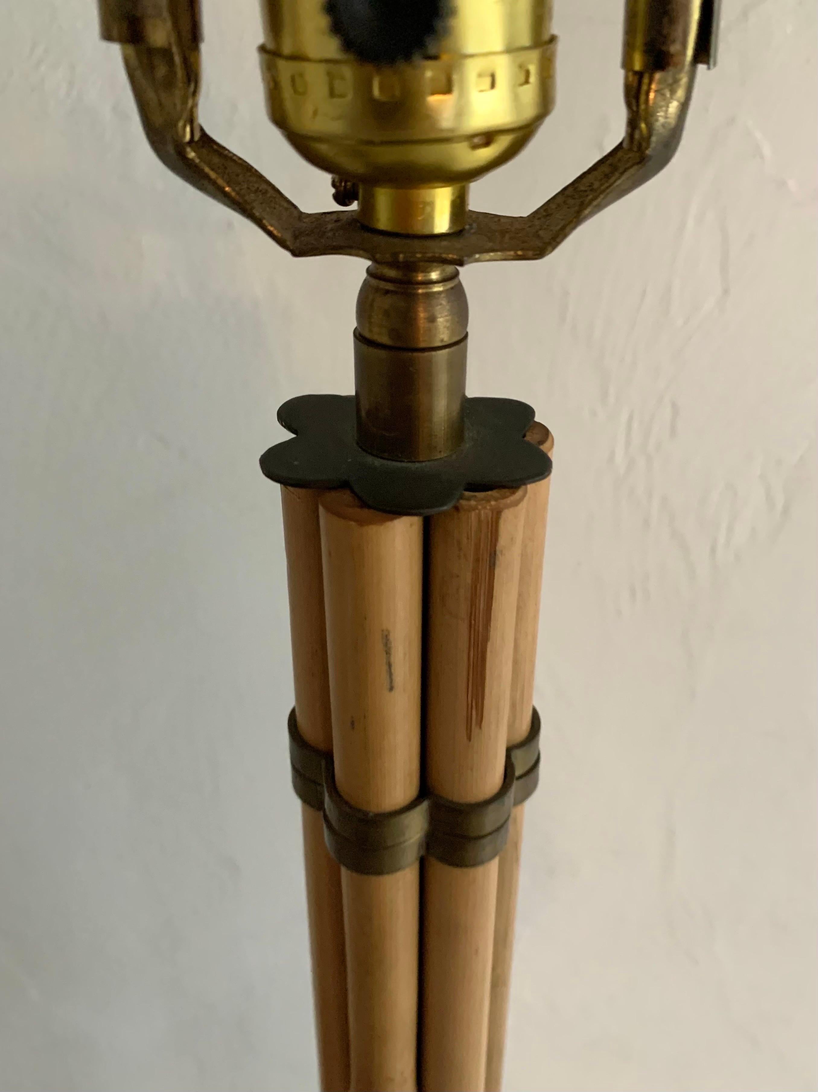 Vintage Bamboo and Brass Floor Lamp with Wicker Shade In Good Condition In Boynton Beach, FL
