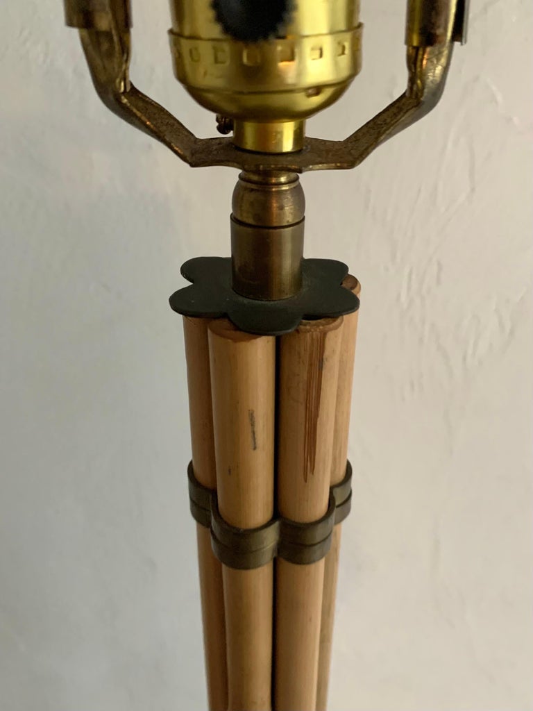 Vintage Bamboo and Brass Floor Lamp with Wicker Shade For Sale at 1stDibs