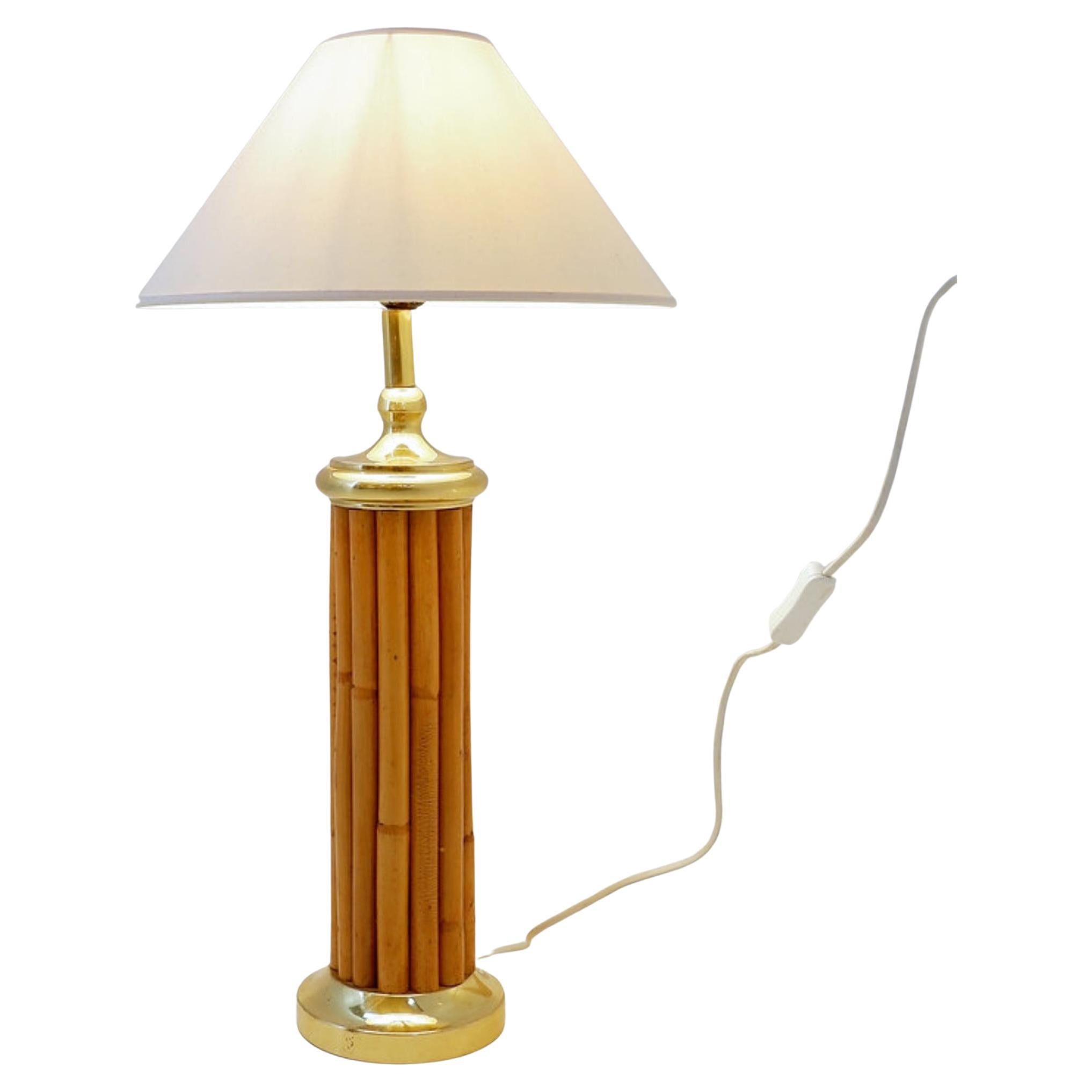 Vintage Bamboo and Brass Table Lamp, 1980s, 35cm Diameter, 66cm Height in vendita