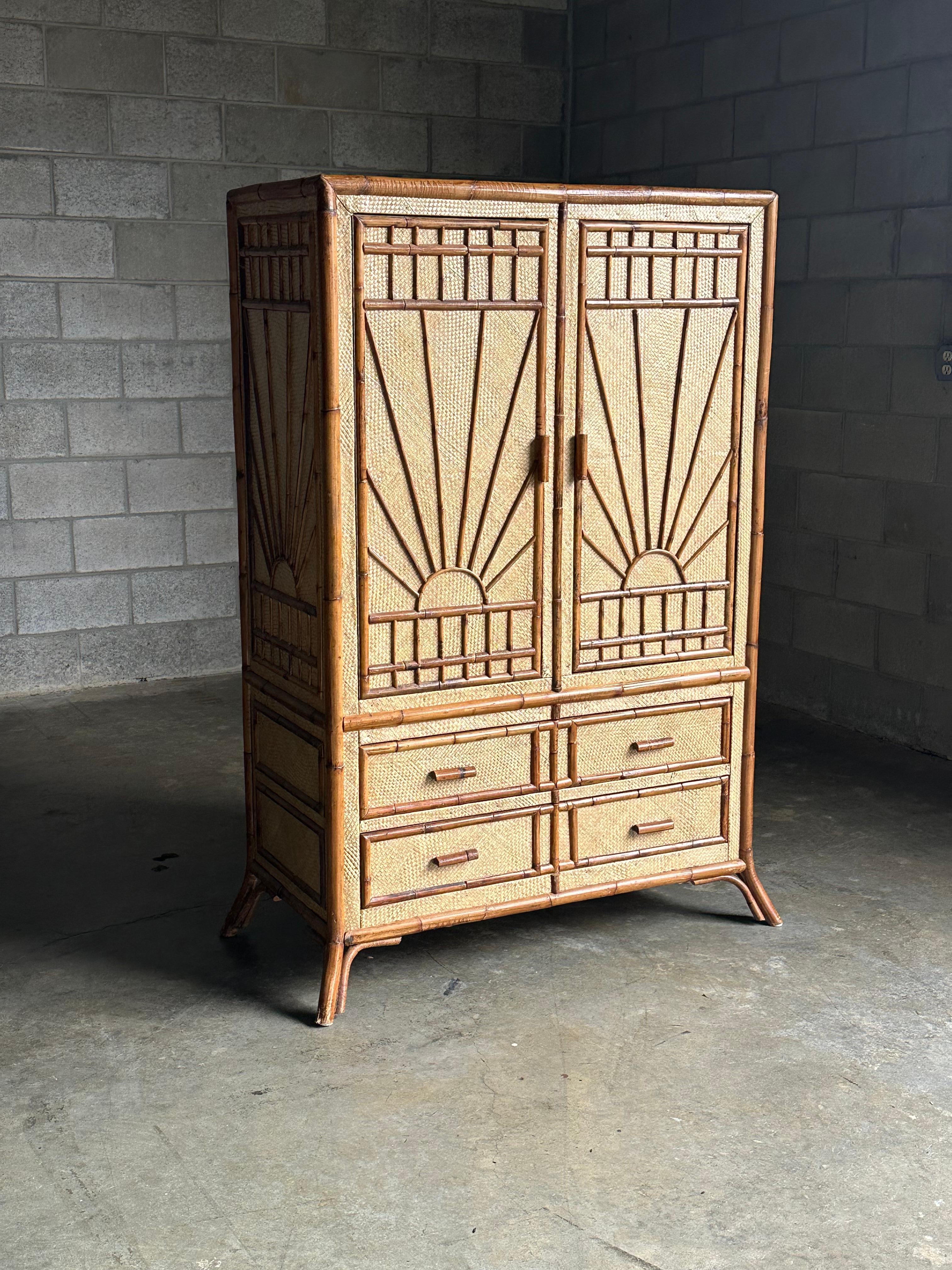 British Colonial Vintage Bamboo and Grass Cloth Dresser / Armoire