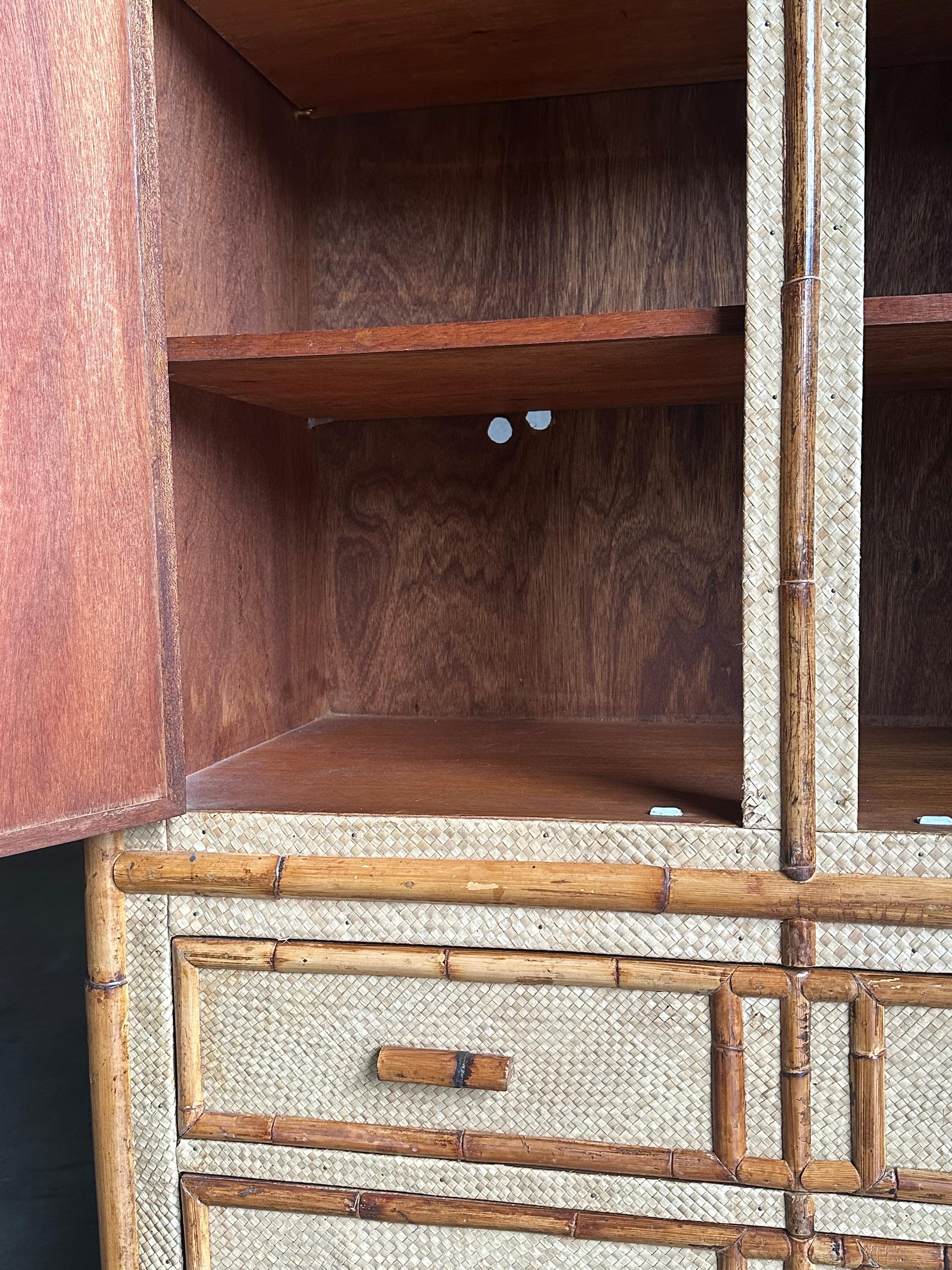 Late 20th Century Vintage Bamboo and Grass Cloth Dresser / Armoire