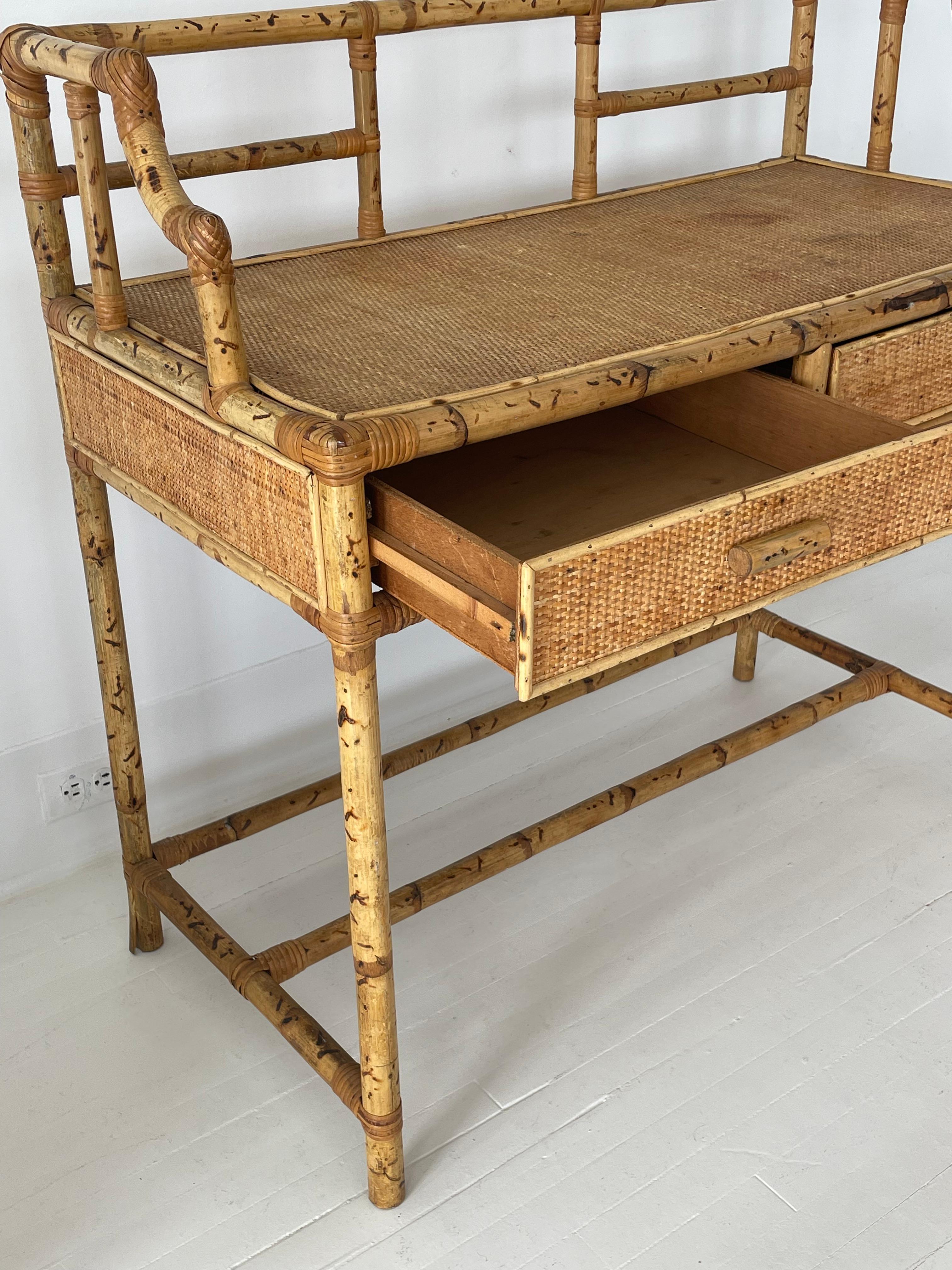British Colonial Vintage Bamboo and Grass Cloth Desk