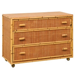 Vintage Bamboo and Handwoven Cane Chest of Three Drawers