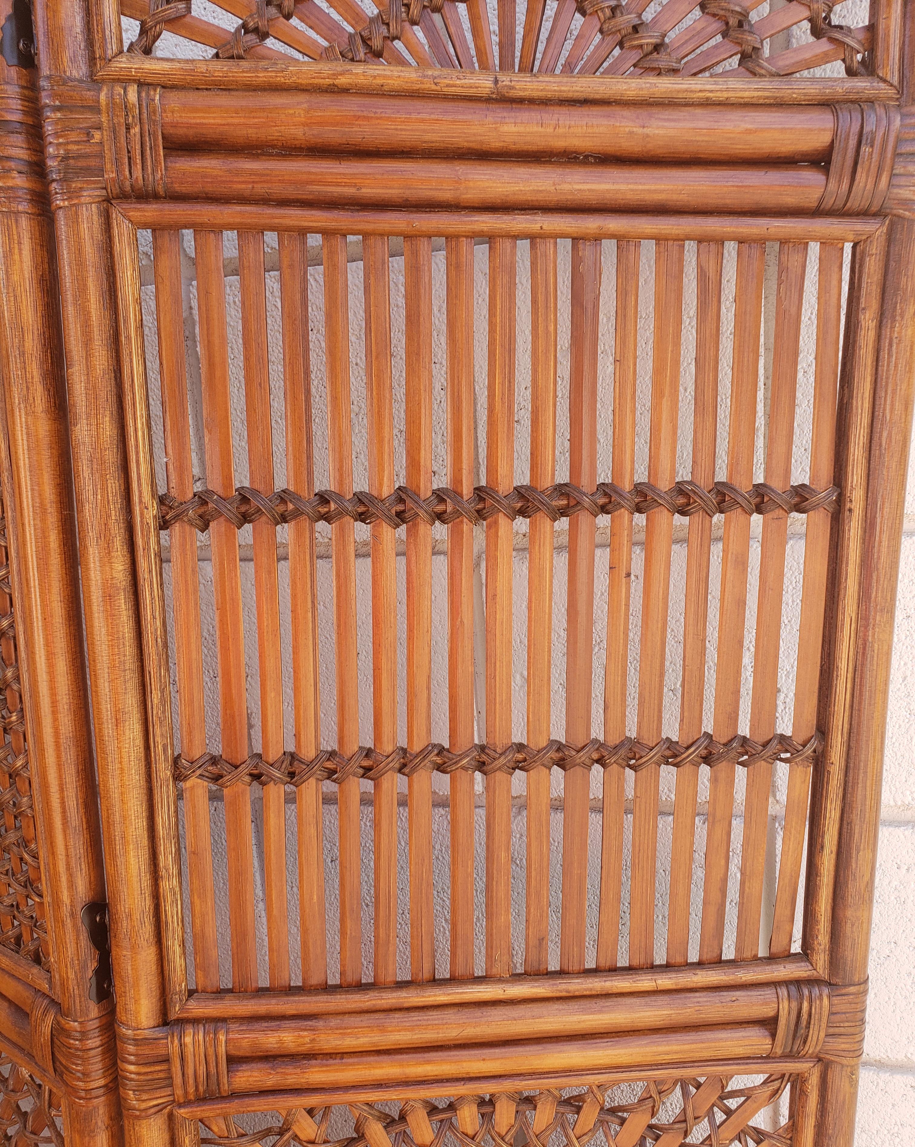 Mid-Century Modern tall three wall-panel solid bamboo wood room divider, screen or partition in brown finish.
A stunning vintage piece that would look fantastic in any living space to give the classiest separation needed. 
Great for the mid