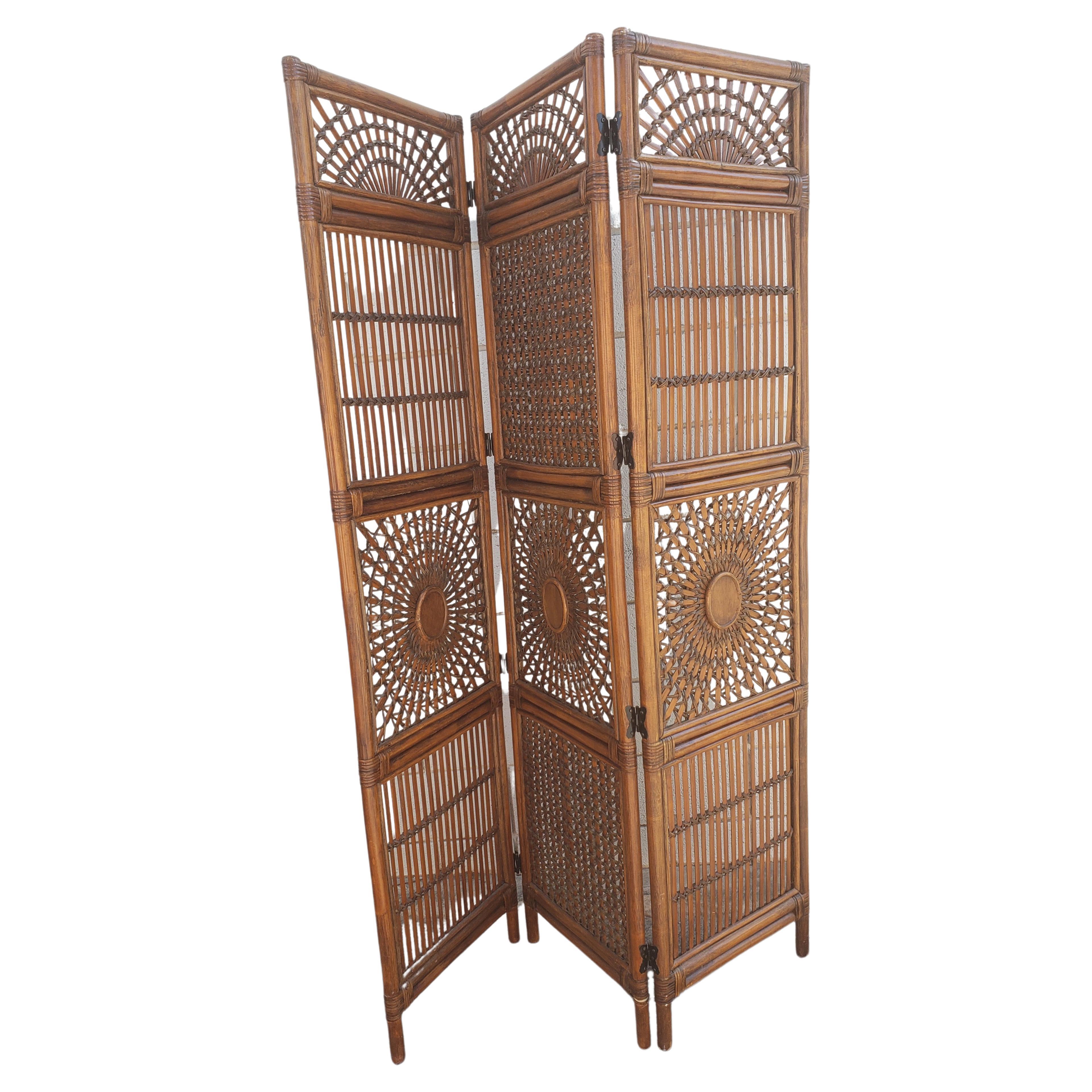 20th Century Vintage Bamboo and Rattan 3 Panel Room Divider Screen
