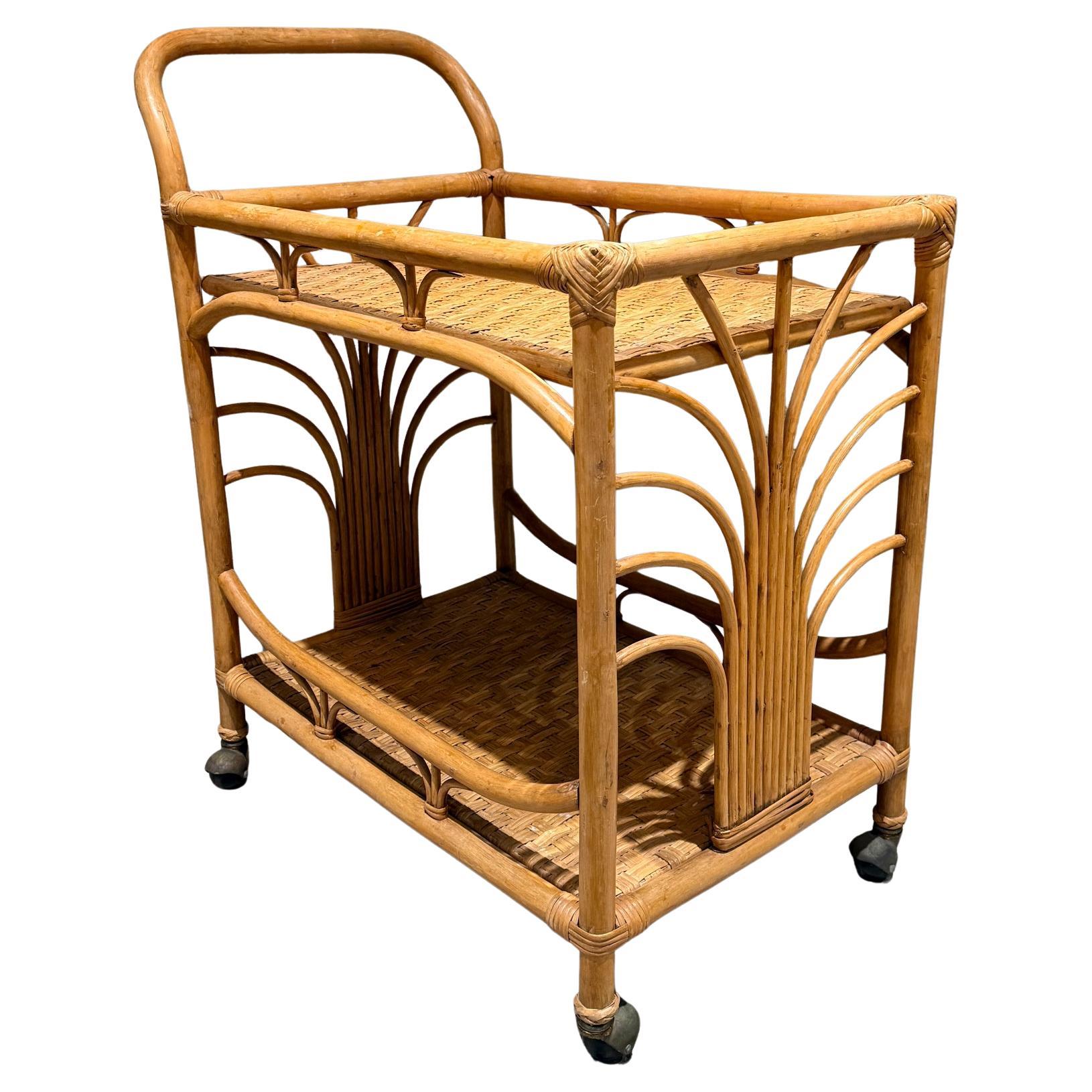 Vintage Bamboo and Rattan Bar Cart Serving Trolley