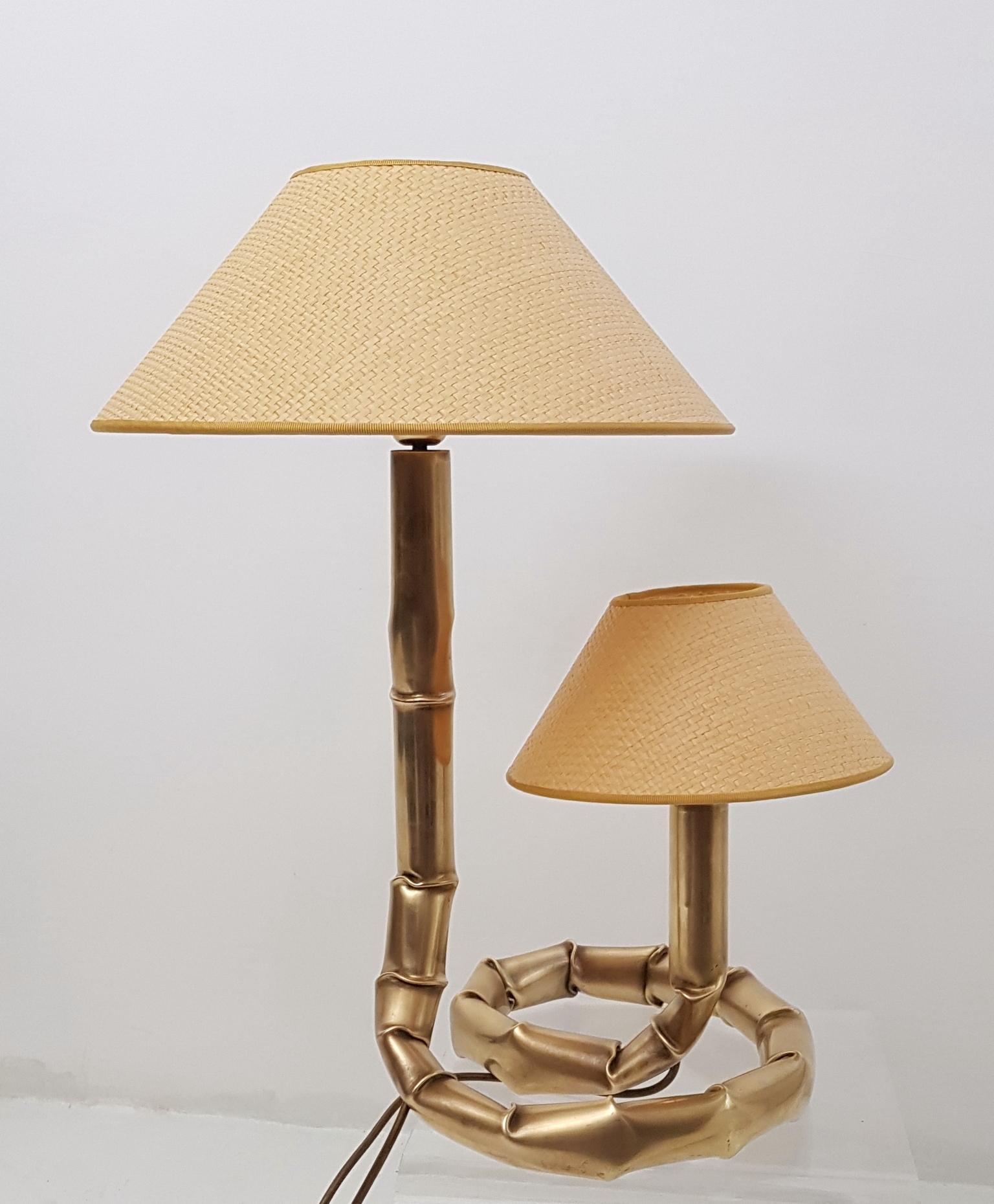 Rare handmade brass table lamp with double lights imitating bamboo with new handmade lampshades in rattan.