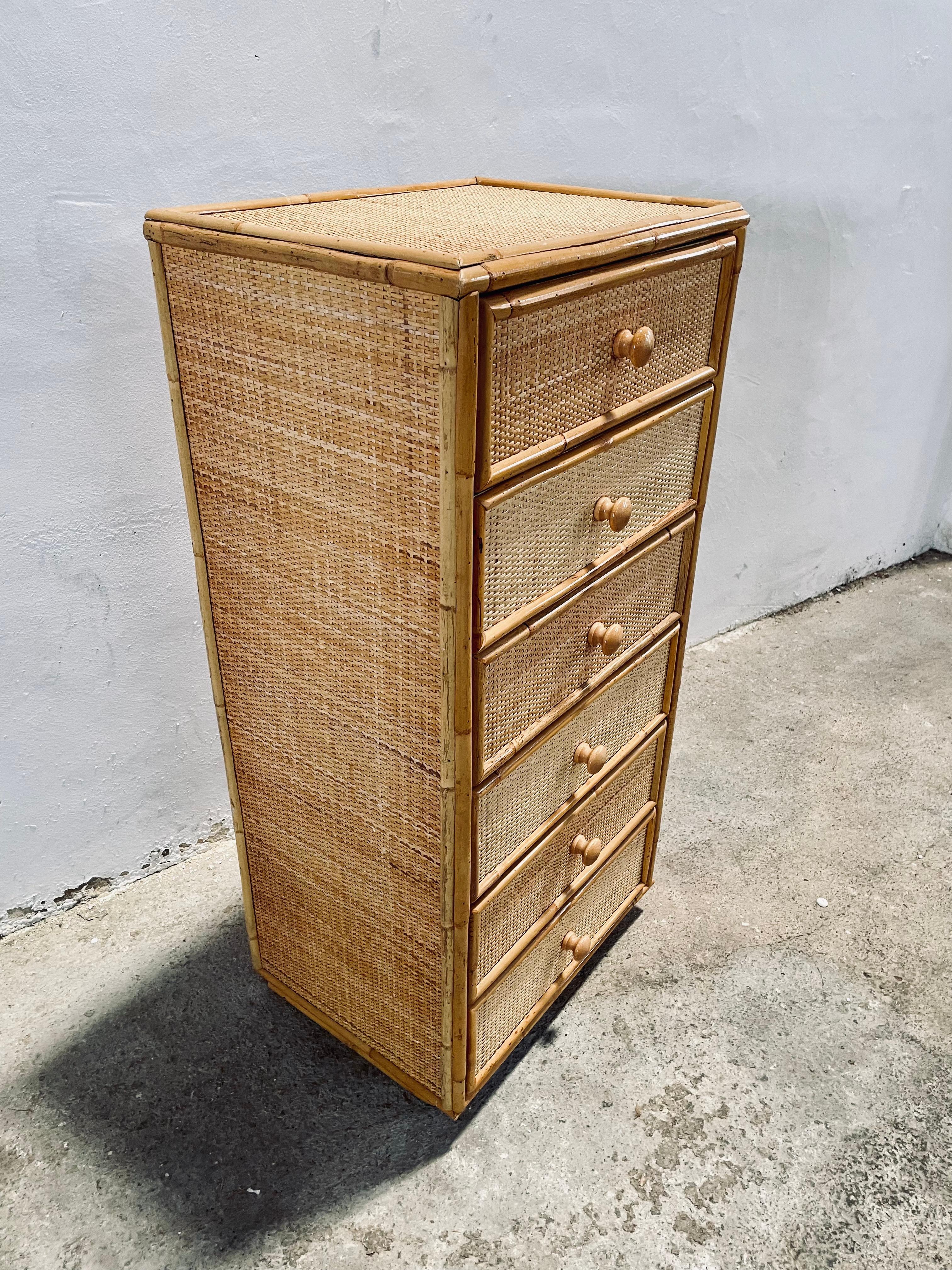 Vintage Bamboo and Rattan Chest of Drawers in the style of Pencil Reed originally from Spain circa 1960s
This vintage item remains fully functional, it shows minor sign of age through scuffs, dings, faded finishes, minor surface defects, minimal