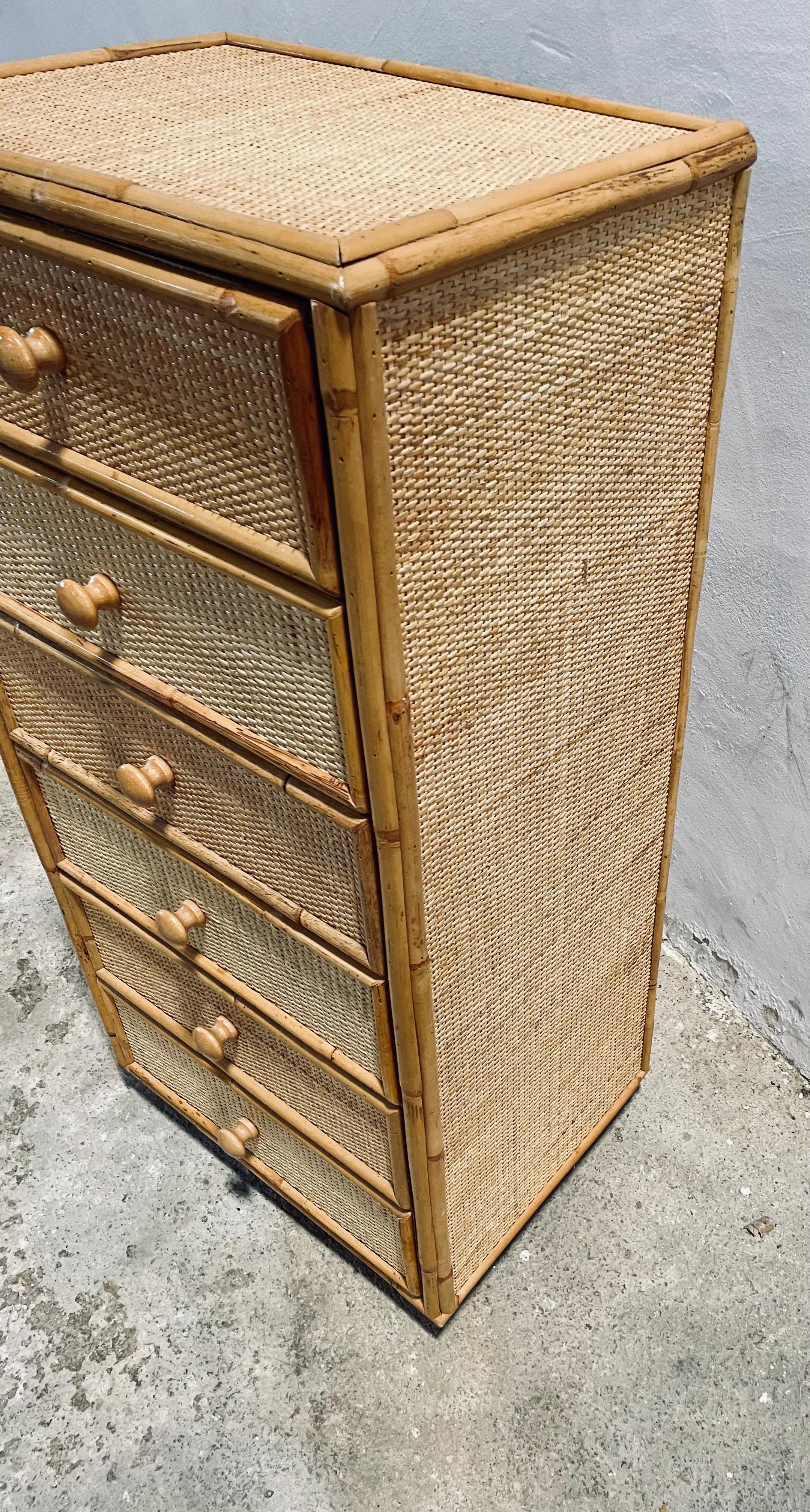 Vintage Bamboo and Rattan Chest of Drawers, Spain 1960s In Good Condition For Sale In PEGO, ES