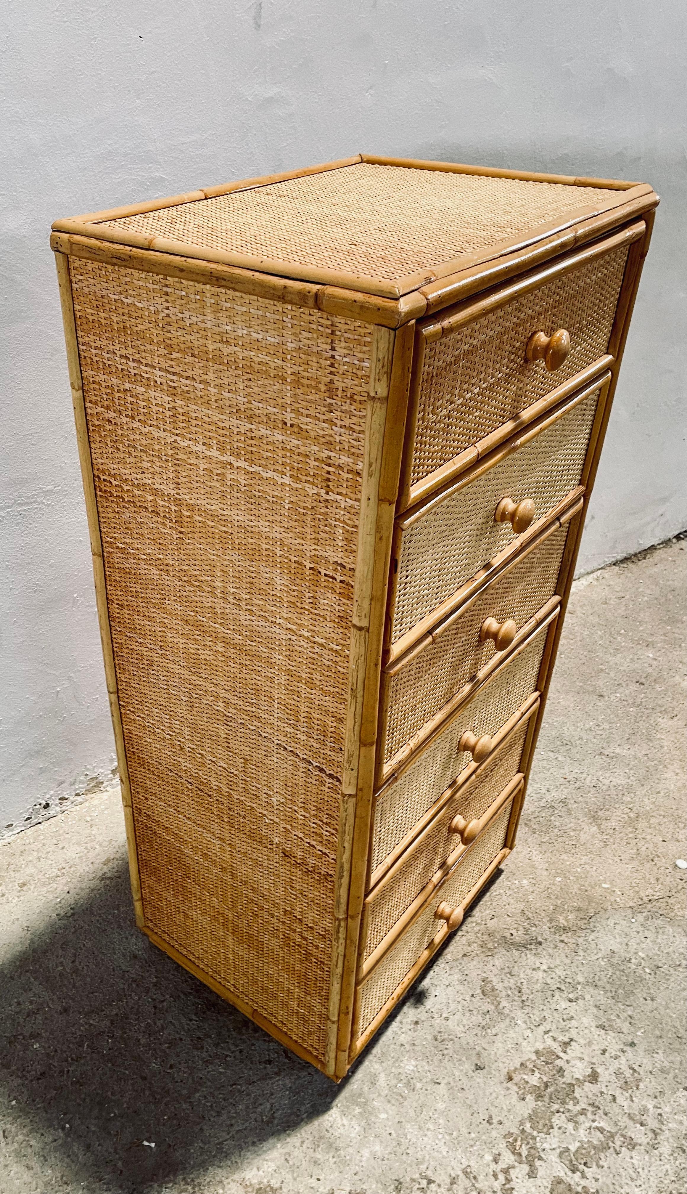 Vintage Bamboo and Rattan Chest of Drawers, Spain 1960s For Sale 1