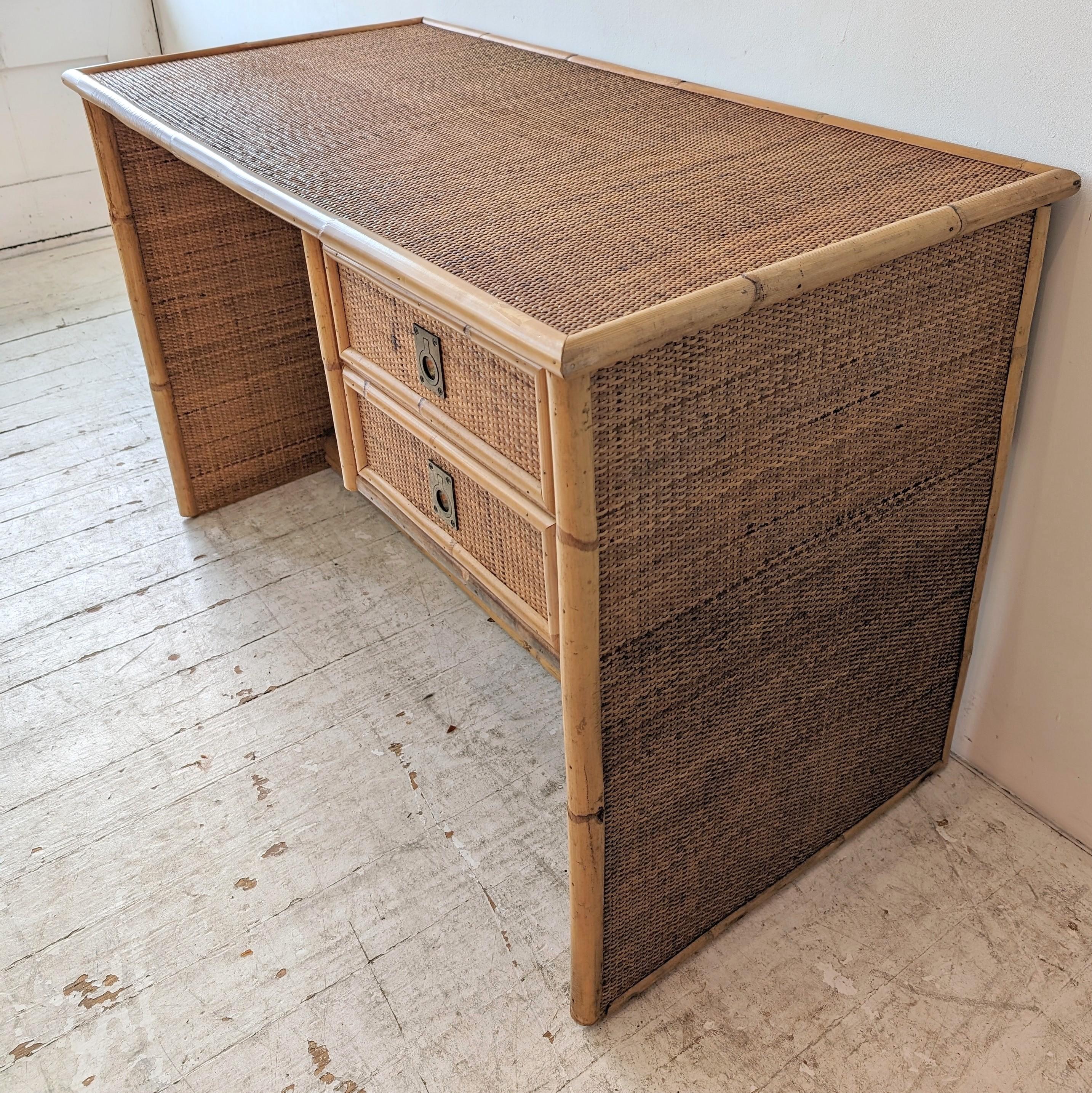 Brass Vintage bamboo and rattan desk / dressing table by Dal Vera, Italy 1970s For Sale