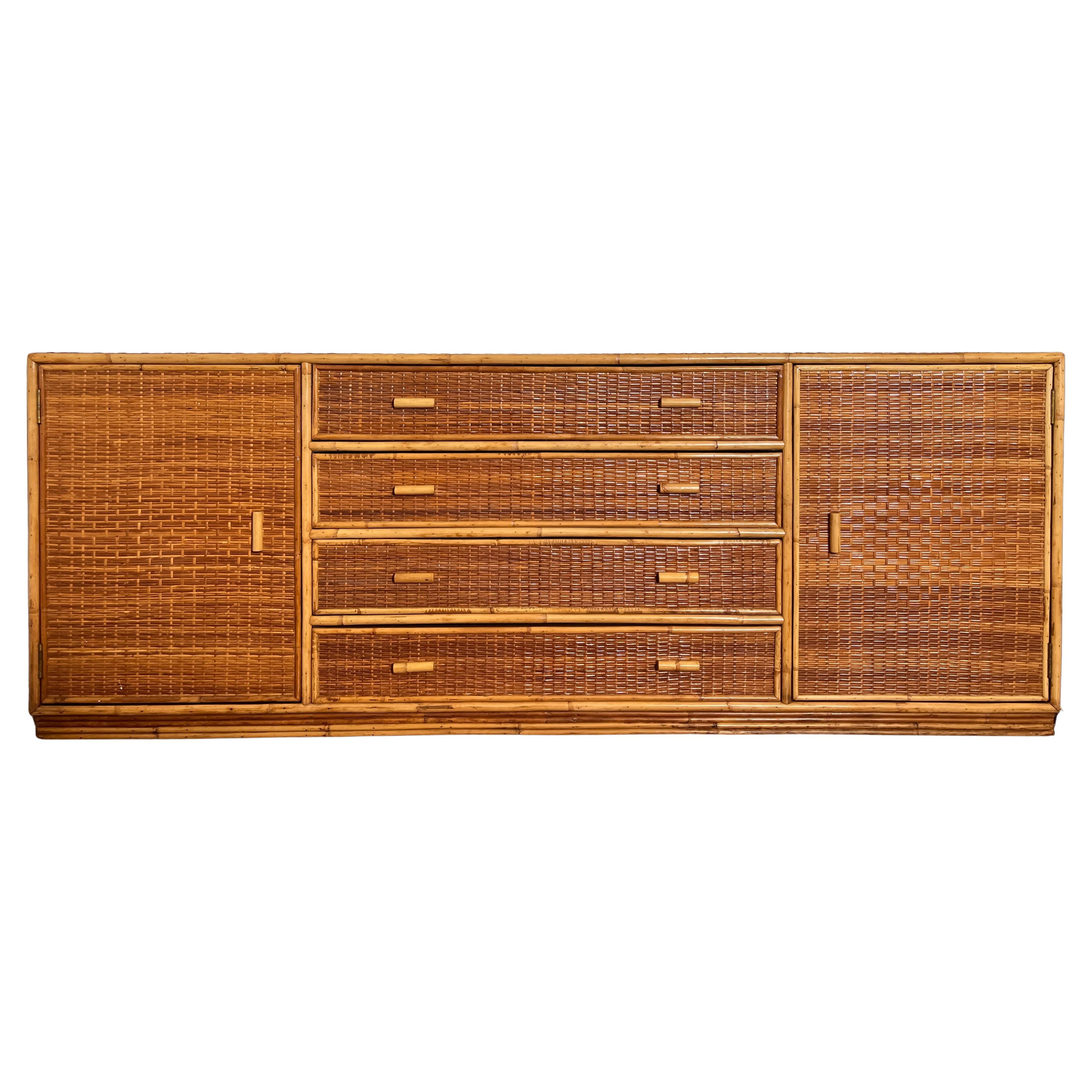 Vintage Bamboo and Rattan Dresser – Mid-Century Tropical Sideboard, 1970s
