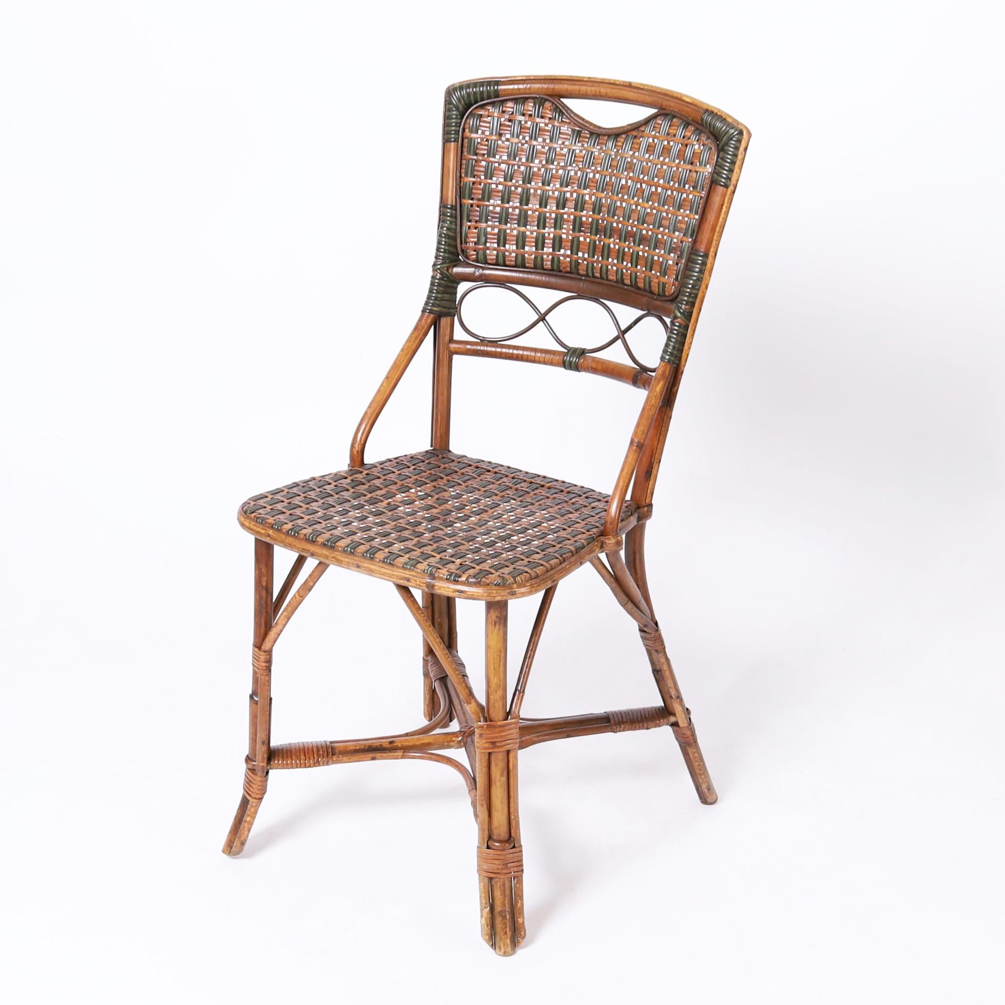 Edwardian Vintage Bamboo and Rattan French Bistro Table and Chairs For Sale