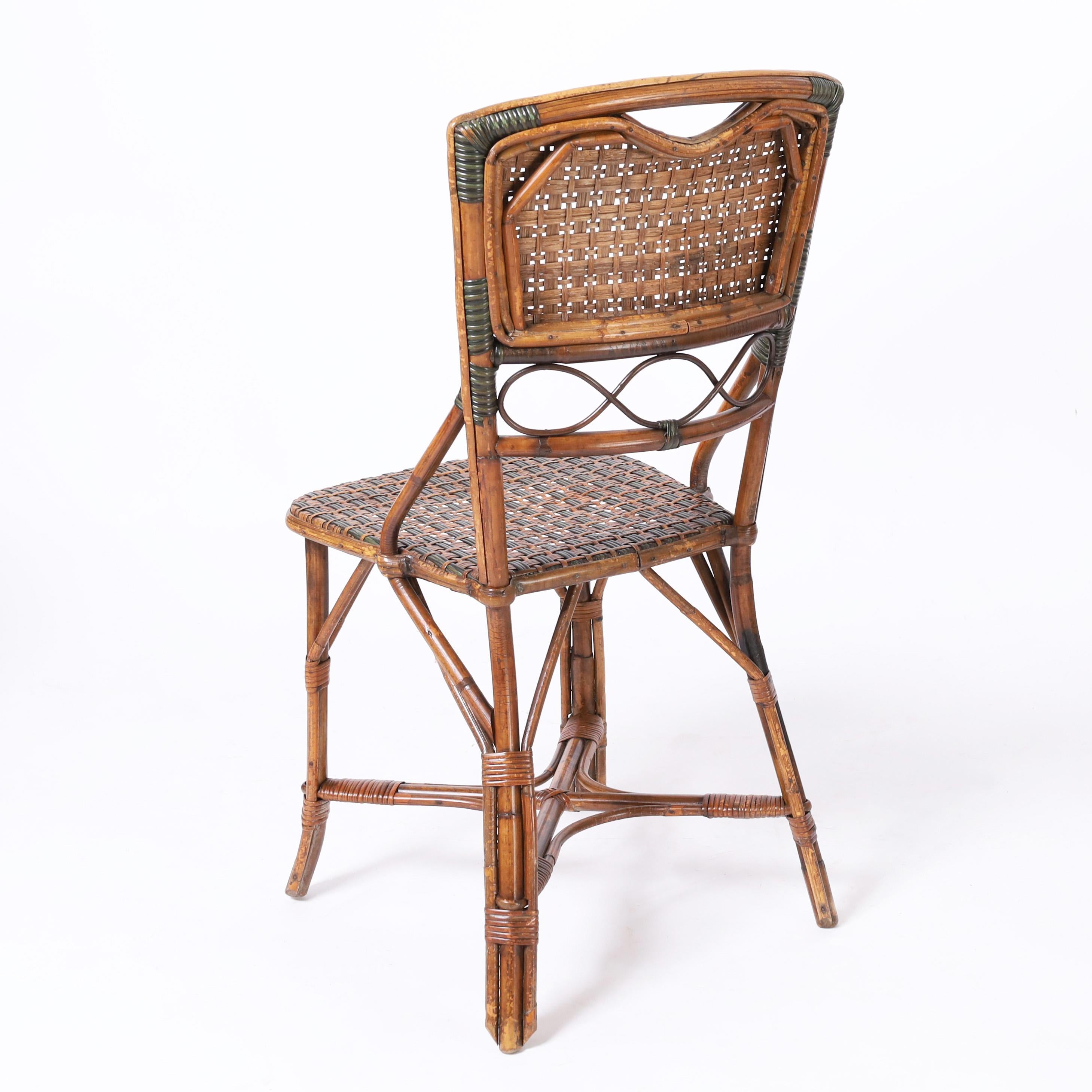 Woven Vintage Bamboo and Rattan French Bistro Table and Chairs For Sale