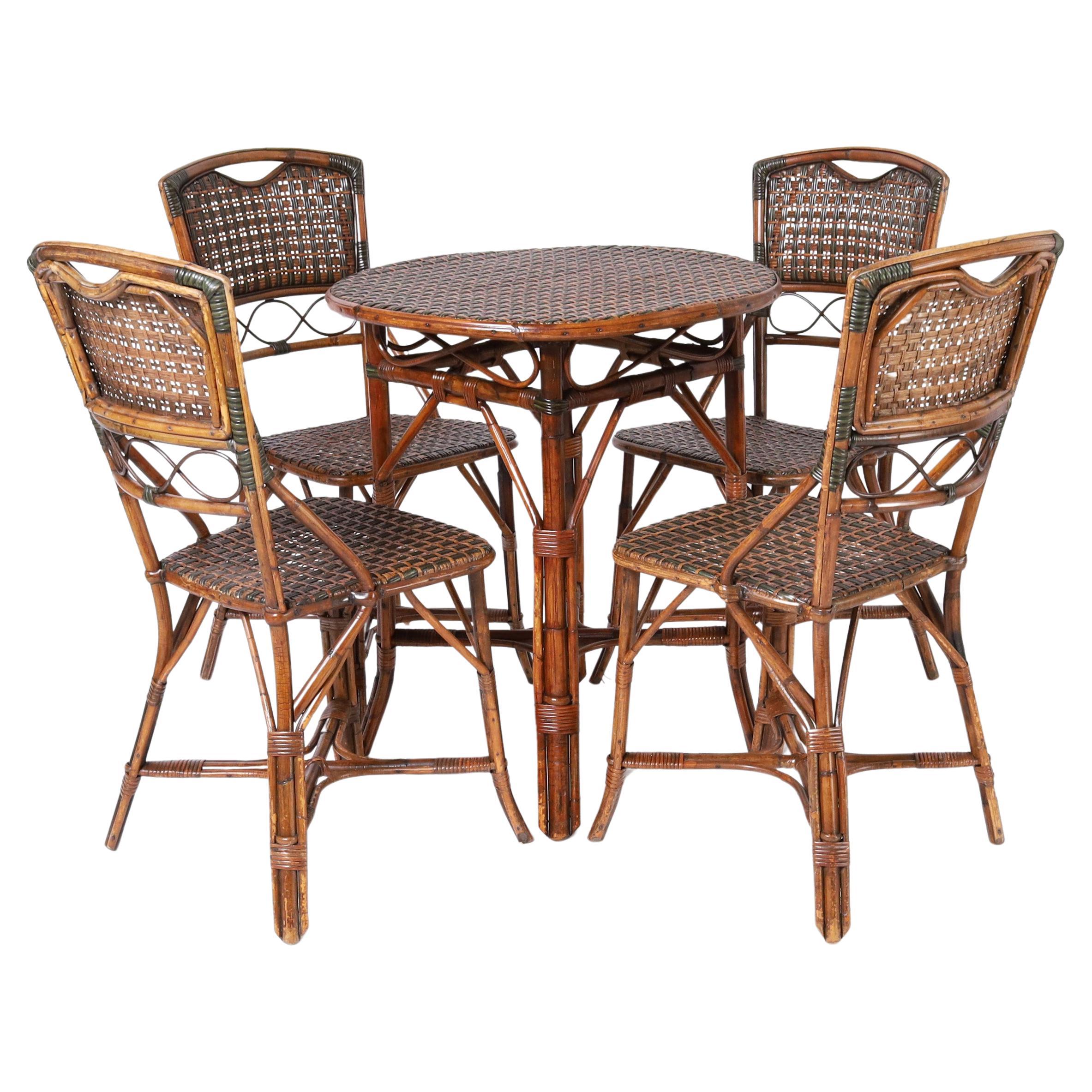 Vintage Bamboo and Rattan French Bistro Table and Chairs For Sale