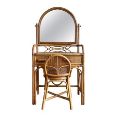 Vintage Bamboo and Rattan Make-Up, Vanity Set with Mirror and Stool