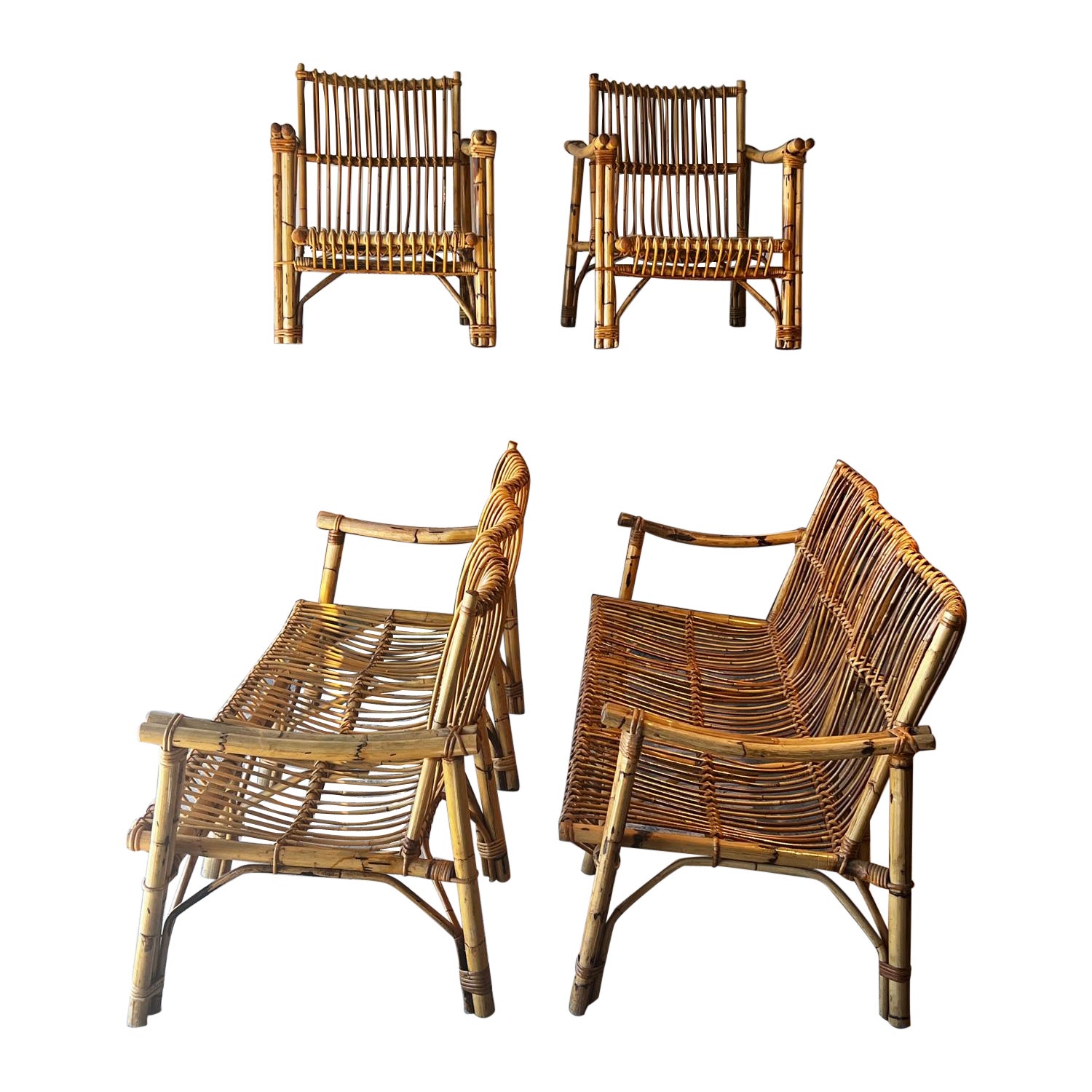 Vintage bamboo and rattan set 2 sofas and 2 armchairs Dal Vera 1970 For Sale