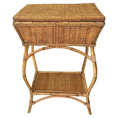 Vintage Bamboo and Rattan Sewing Basket Side Table with Lid - Organic Modern