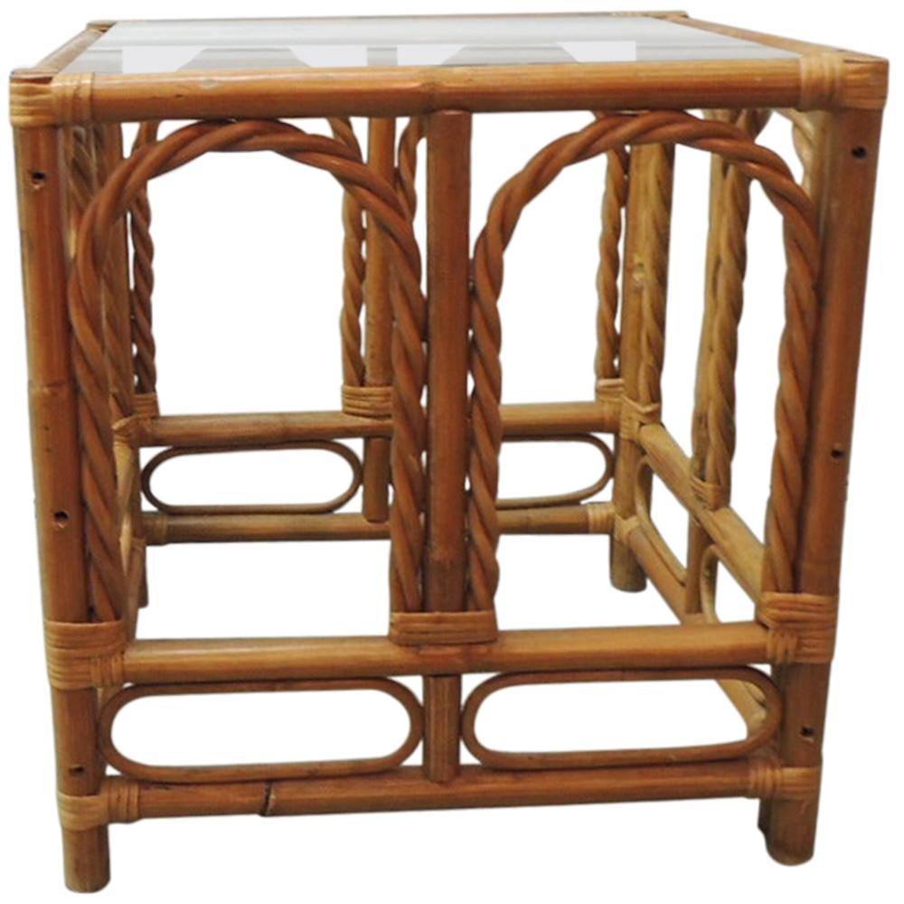 Vintage Bamboo and Rattan Side Table with Glass Top