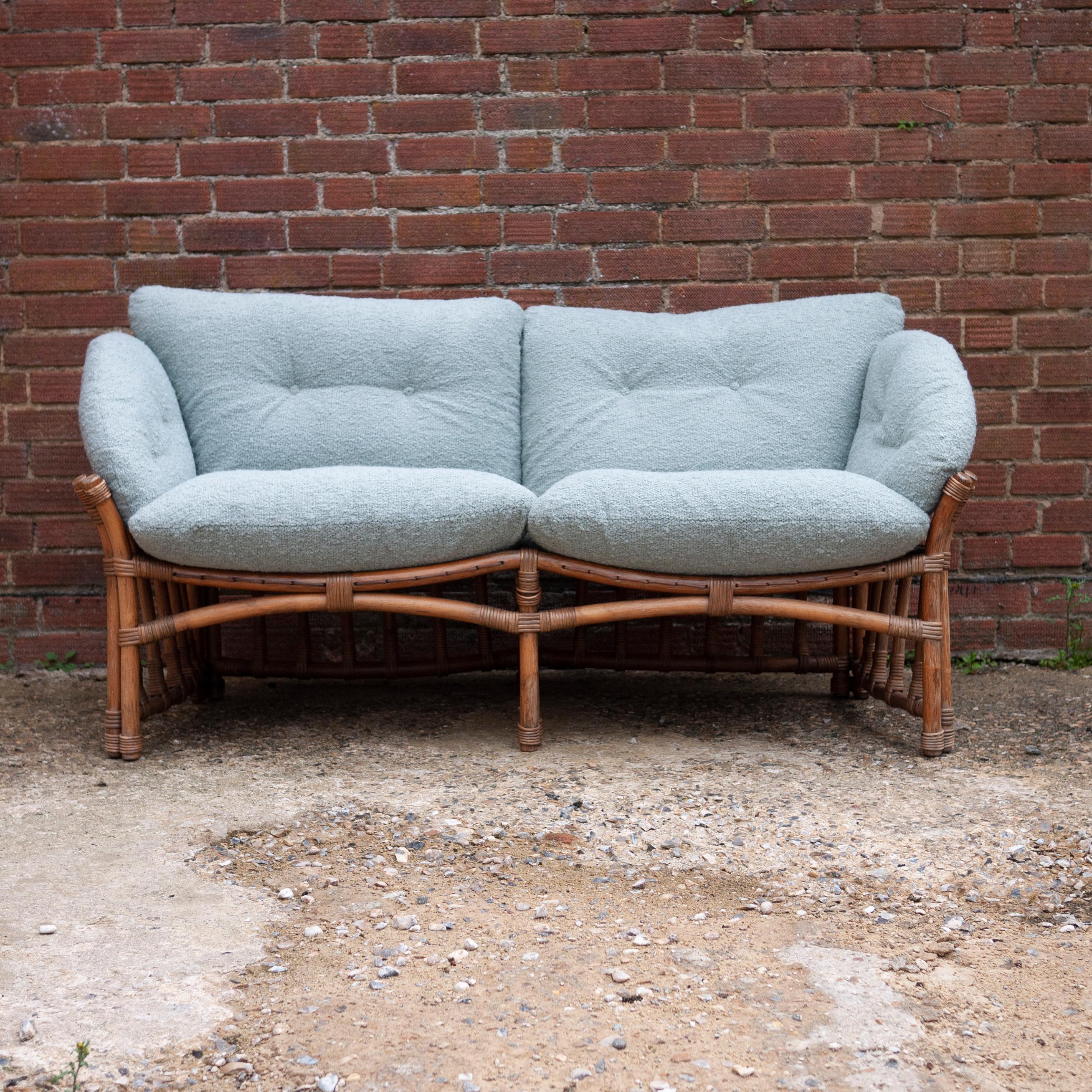 Late 20th Century Vintage Bamboo and Rattan Sofa with Boucle Upholstery, 1970s