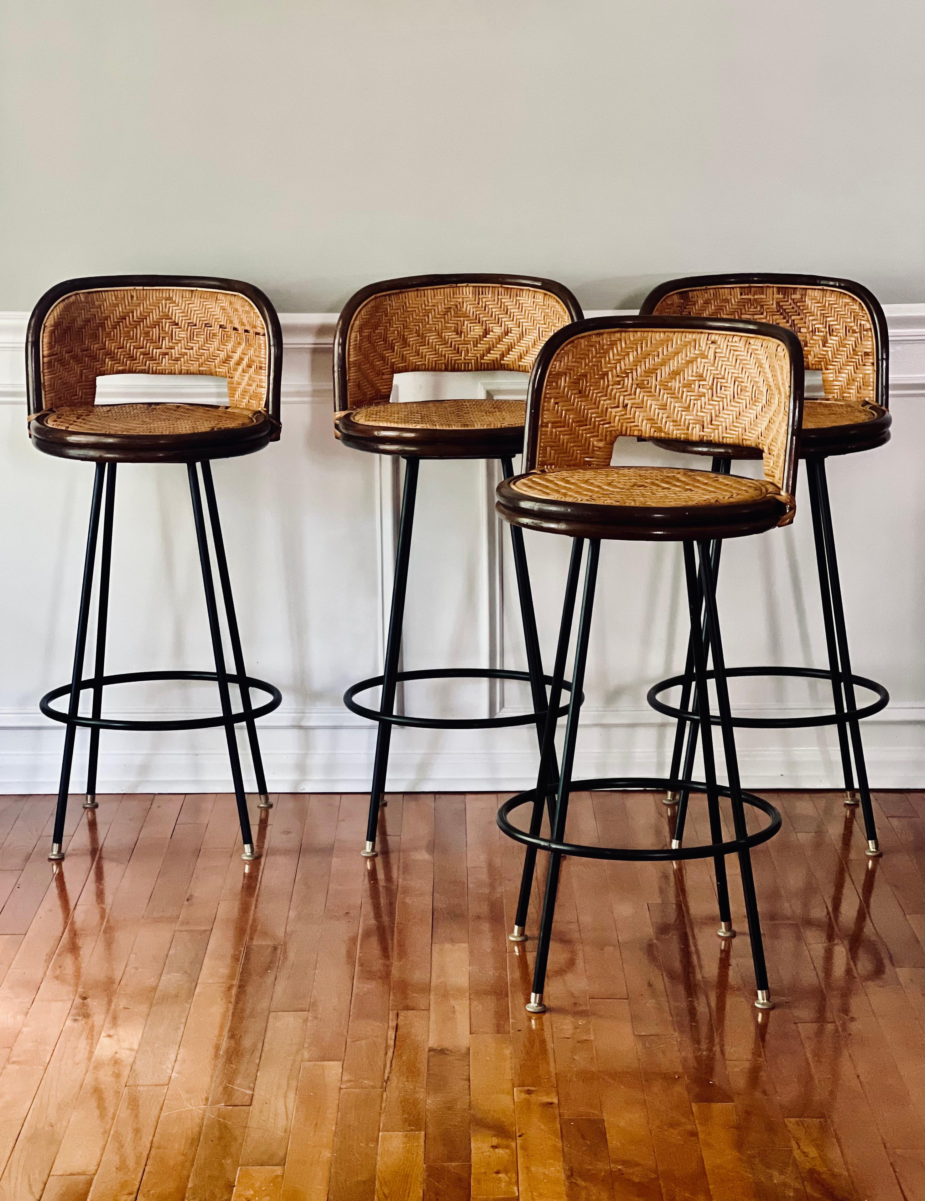 Vintage Bamboo and Rattan Swivel Bar Stools with Iron Base, Set of 4 11