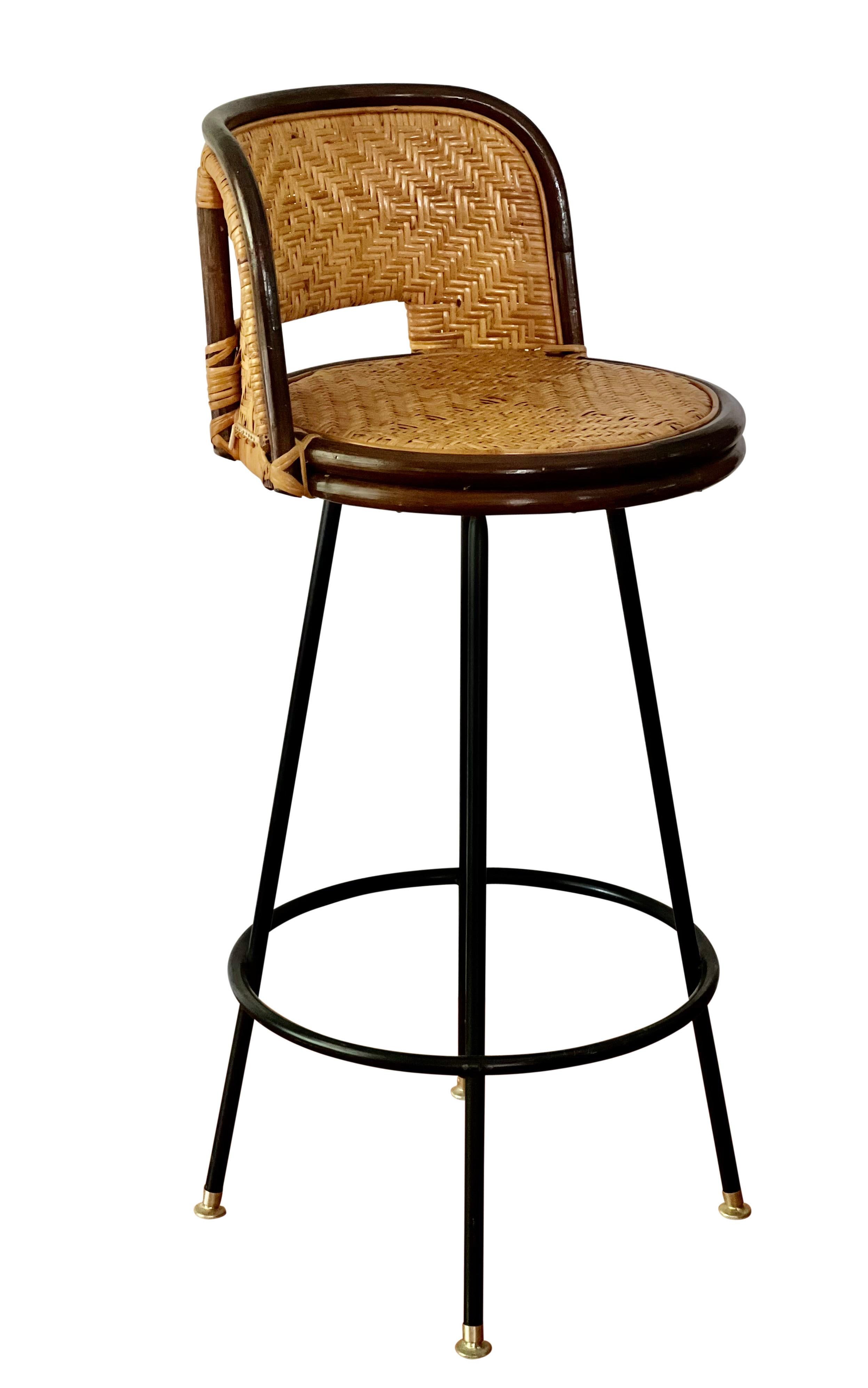 Mid-Century Modern Vintage Bamboo and Rattan Swivel Bar Stools with Iron Base, Set of 4