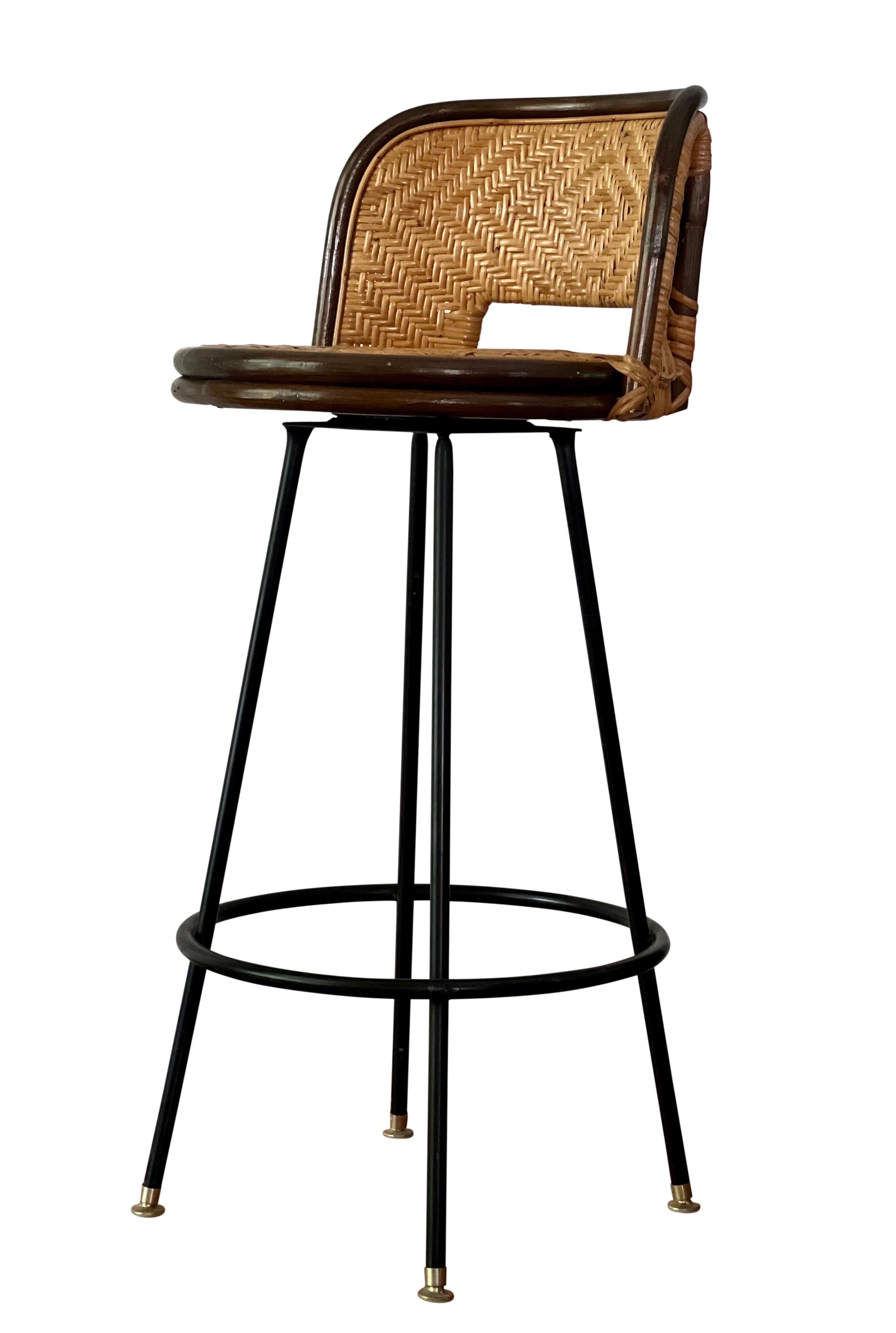Vintage Bamboo and Rattan Swivel Bar Stools with Iron Base, Set of 4 In Good Condition In Doylestown, PA