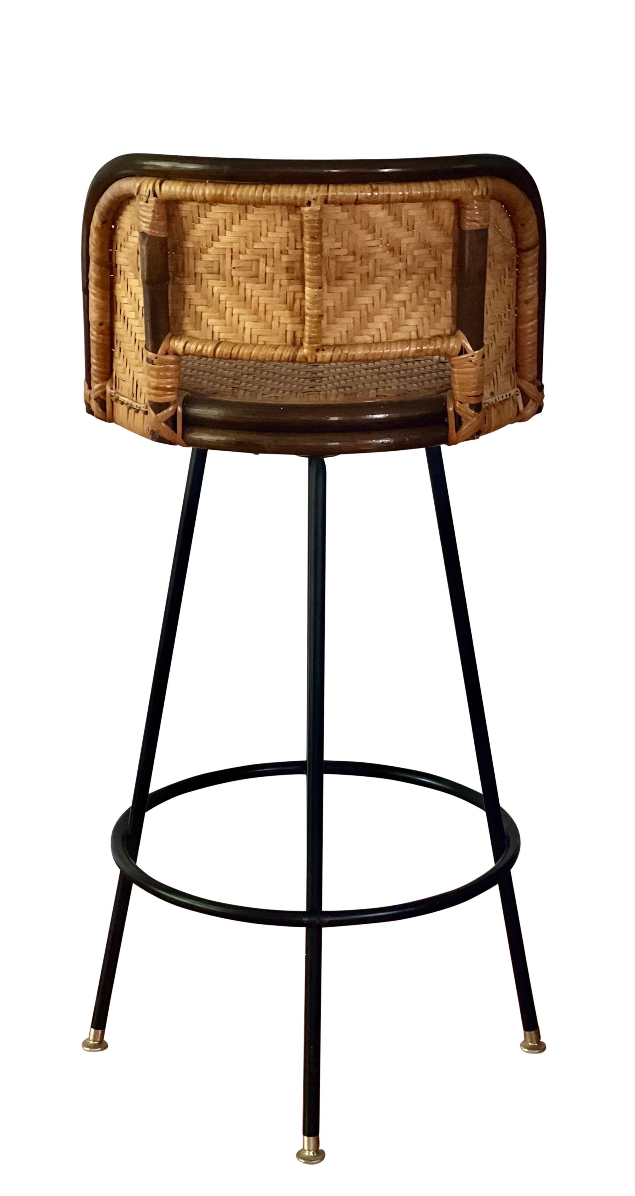 Vintage Bamboo and Rattan Swivel Bar Stools with Iron Base, Set of 4 1