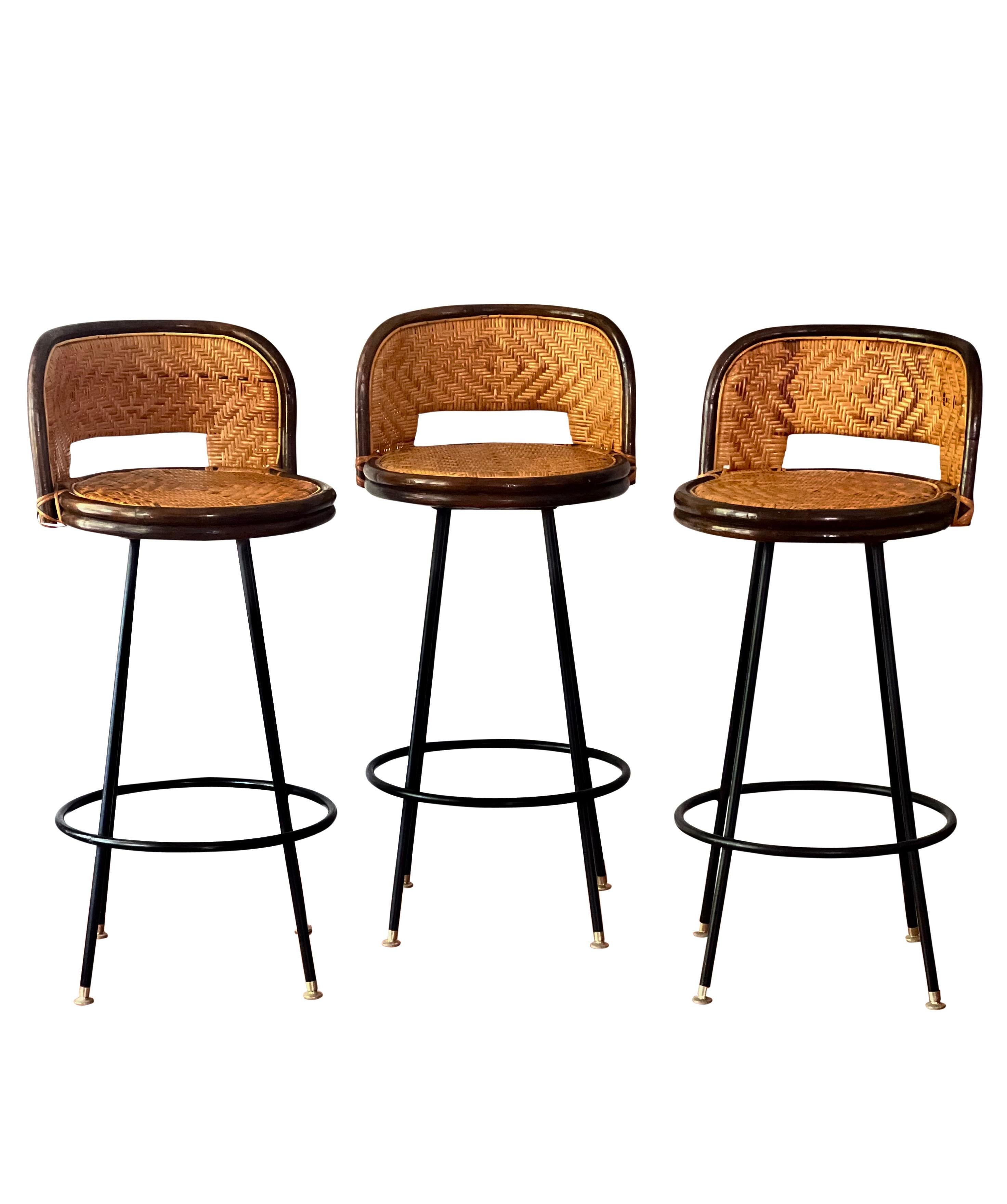 Vintage Bamboo and Rattan Swivel Bar Stools with Iron Base, Set of 4 2