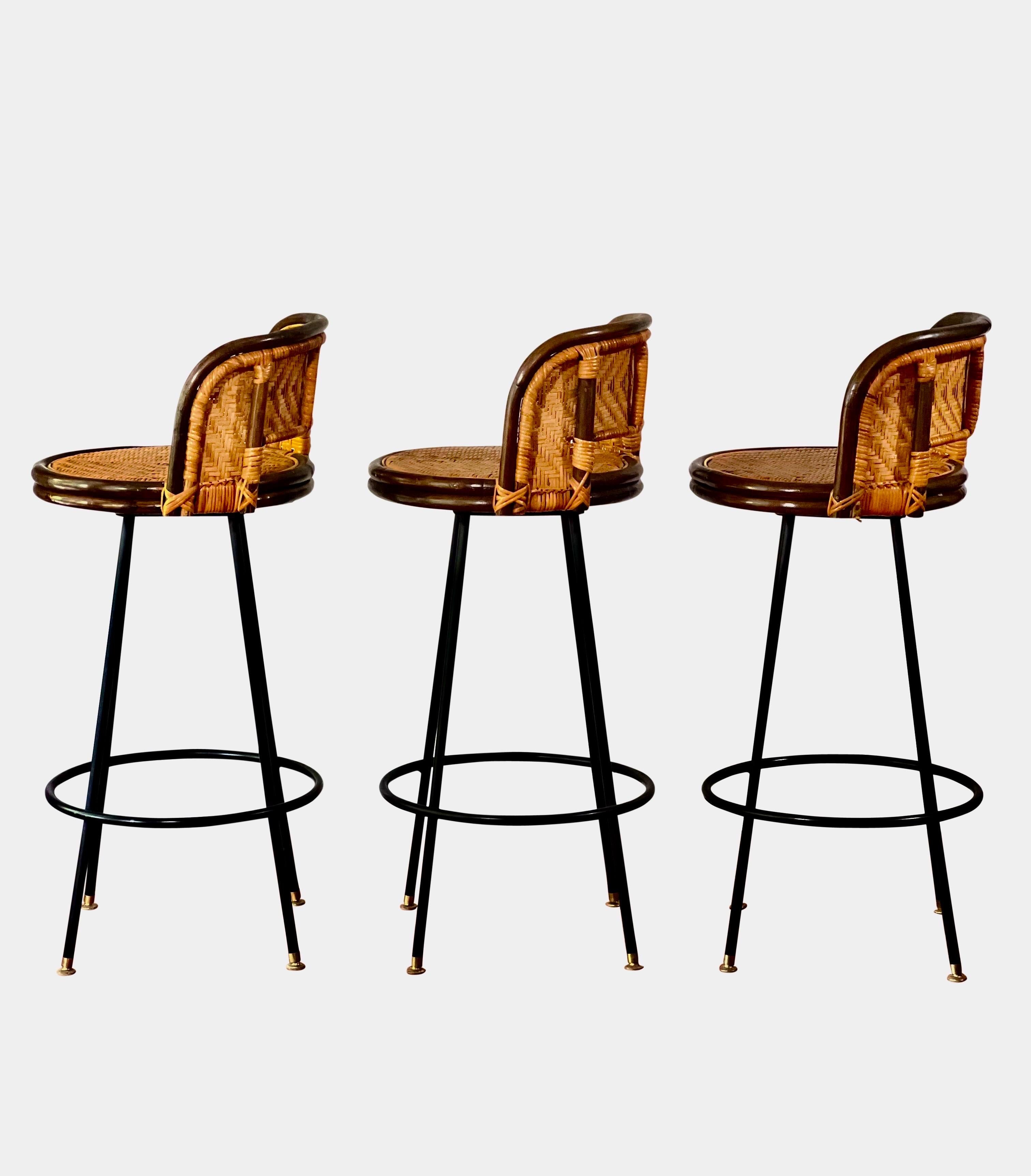 Vintage Bamboo and Rattan Swivel Bar Stools with Iron Base, Set of 4 3