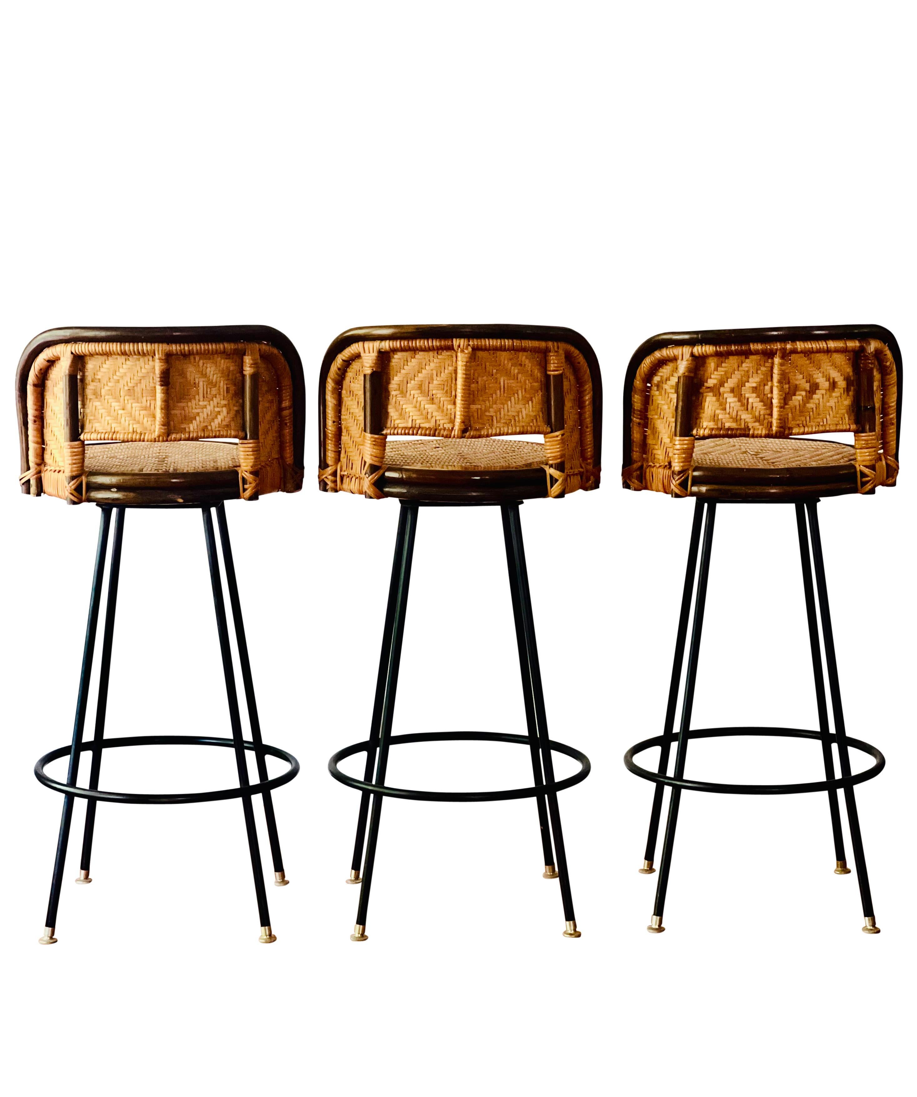 Vintage Bamboo and Rattan Swivel Bar Stools with Iron Base, Set of 4 4