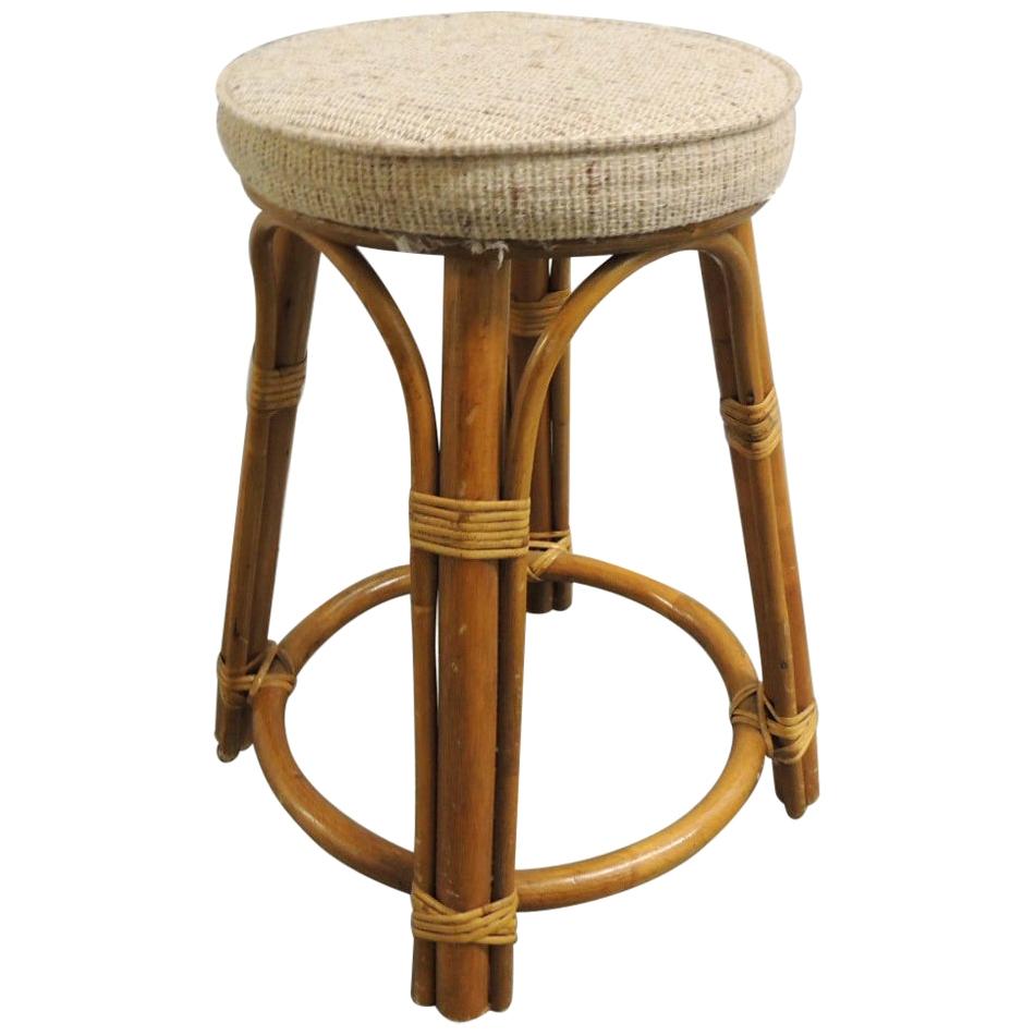 Round Vintage Bamboo and Rattan Tall Stool with Grain Sack Upholstery