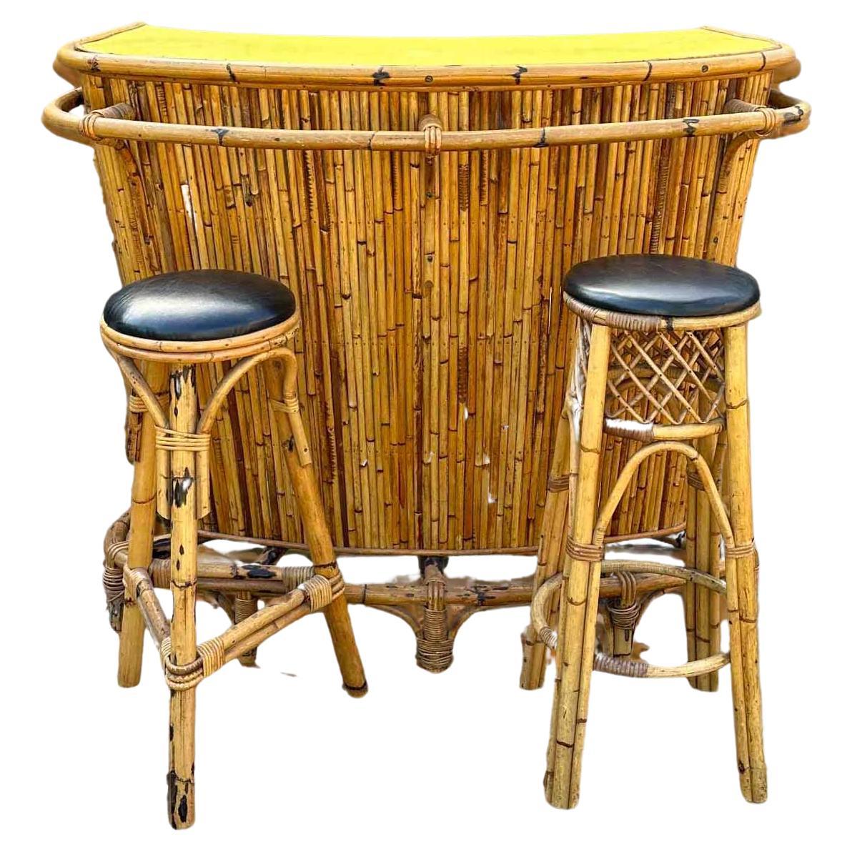 Vintage Bamboo and Rattan Tiki Cocktail bar, 1960s, sset of 3 For Sale