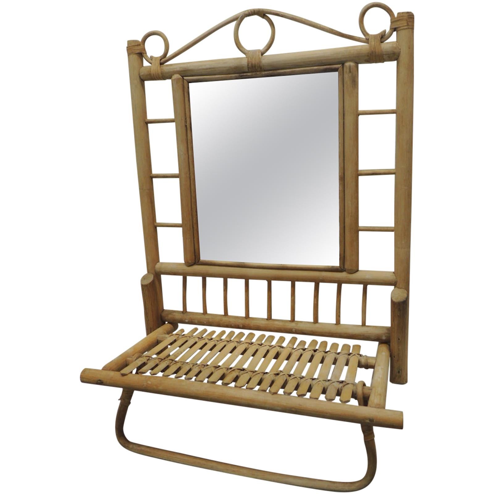 Vintage Bamboo and Rattan Wall Mirror with Folding Shelf and Towel Bar